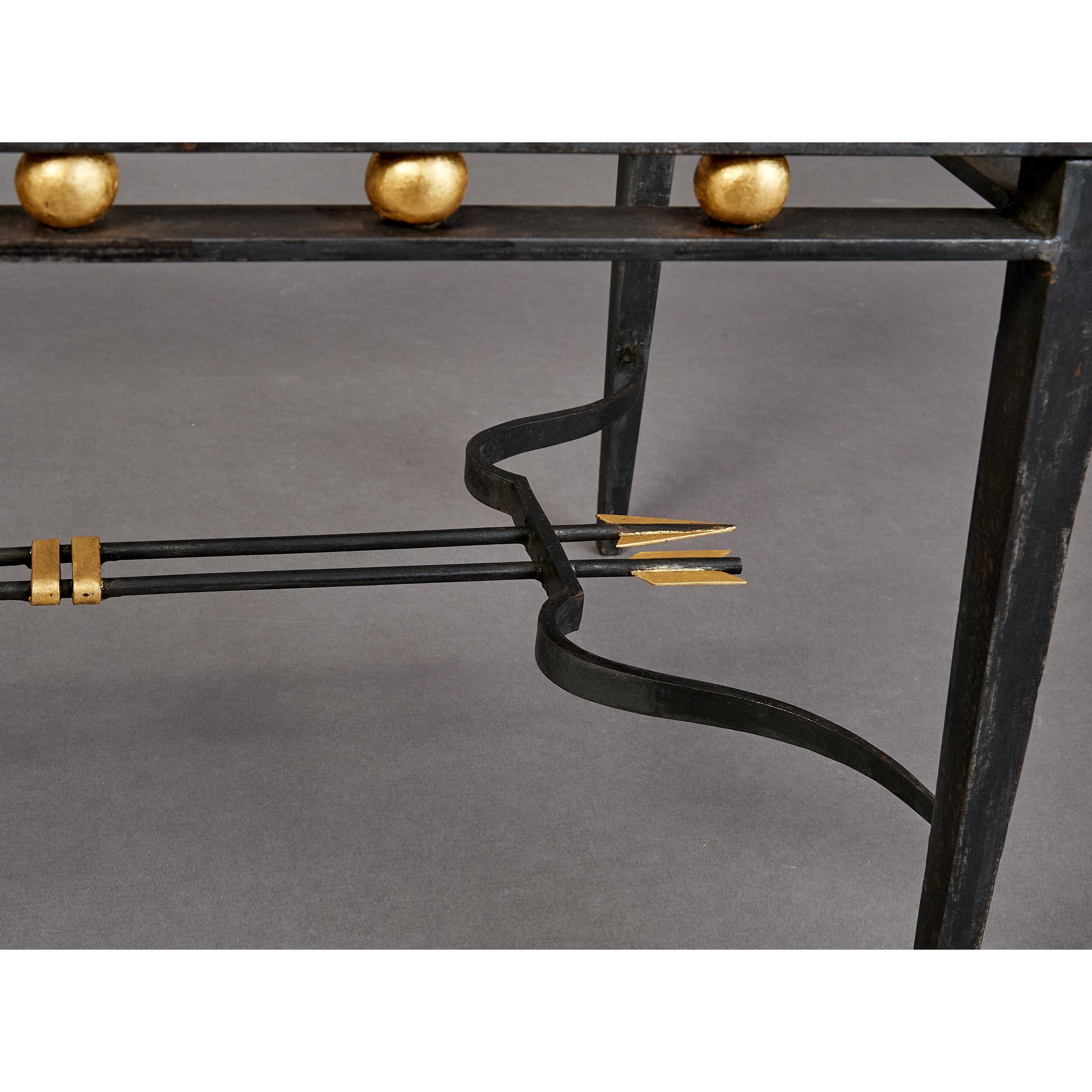 Mid-Century Modern Imposing Wrought Iron Table with Gilt Decor and Marble Top, France, 1950's