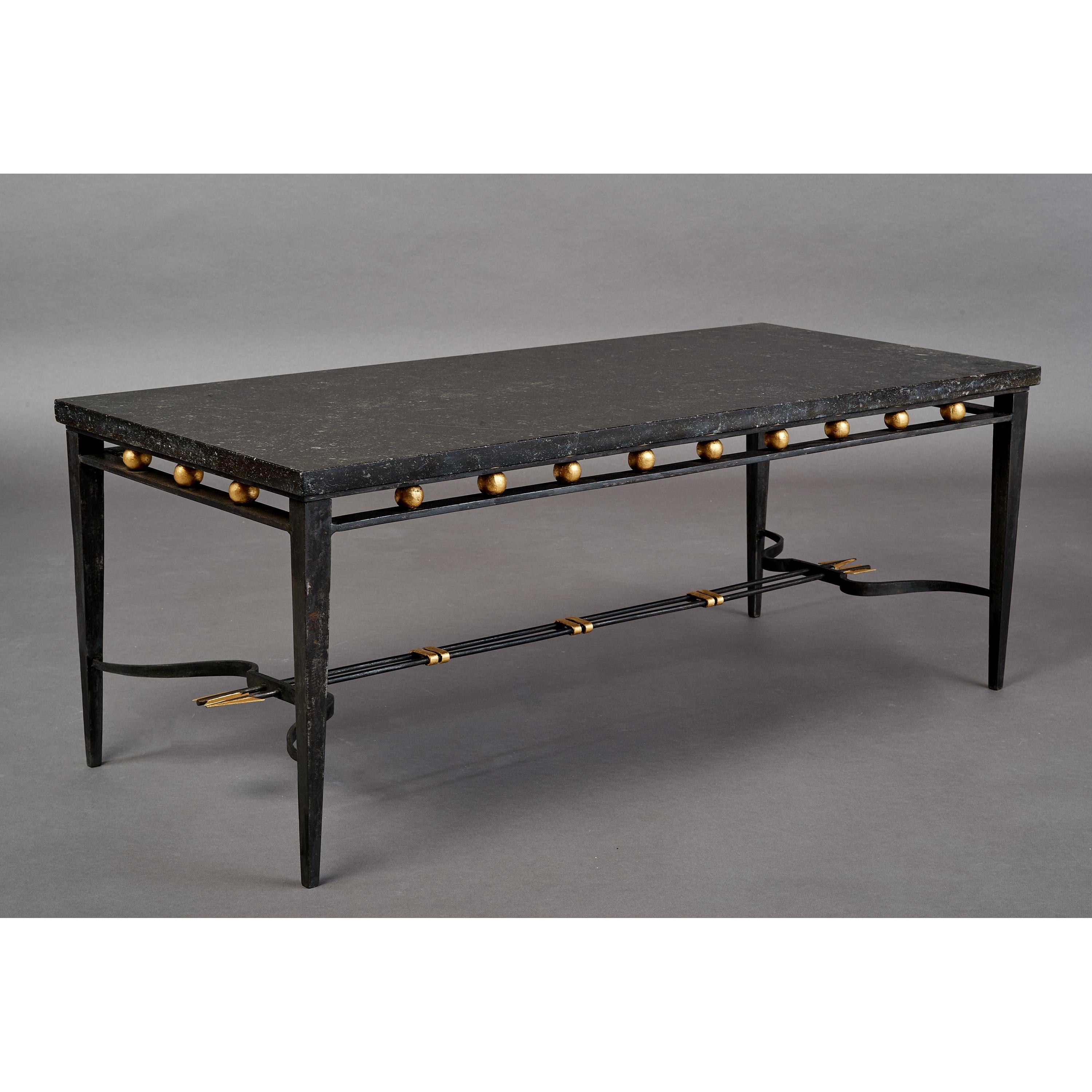 French Imposing Wrought Iron Table with Gilt Decor and Marble Top, France, 1950's