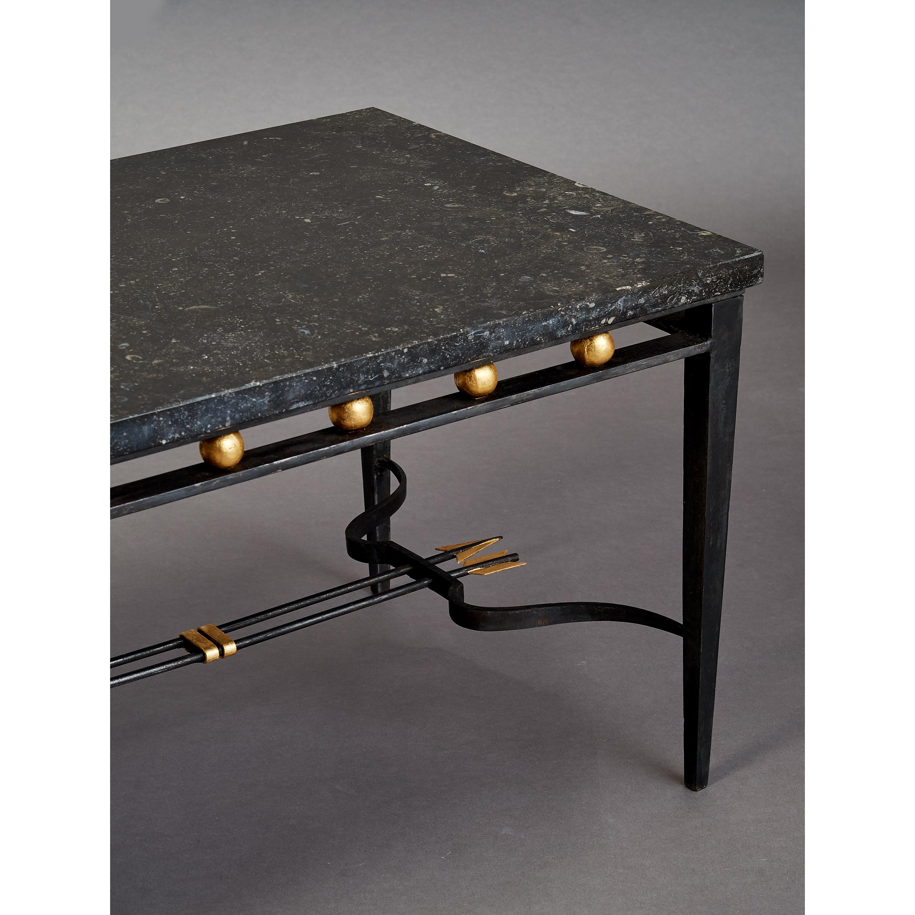 Mid-20th Century Imposing Wrought Iron Table with Gilt Decor and Marble Top, France, 1950's
