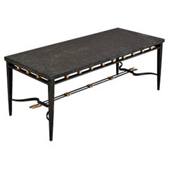 Vintage Imposing Wrought Iron Table with Gilt Decor and Marble Top, France, 1950's