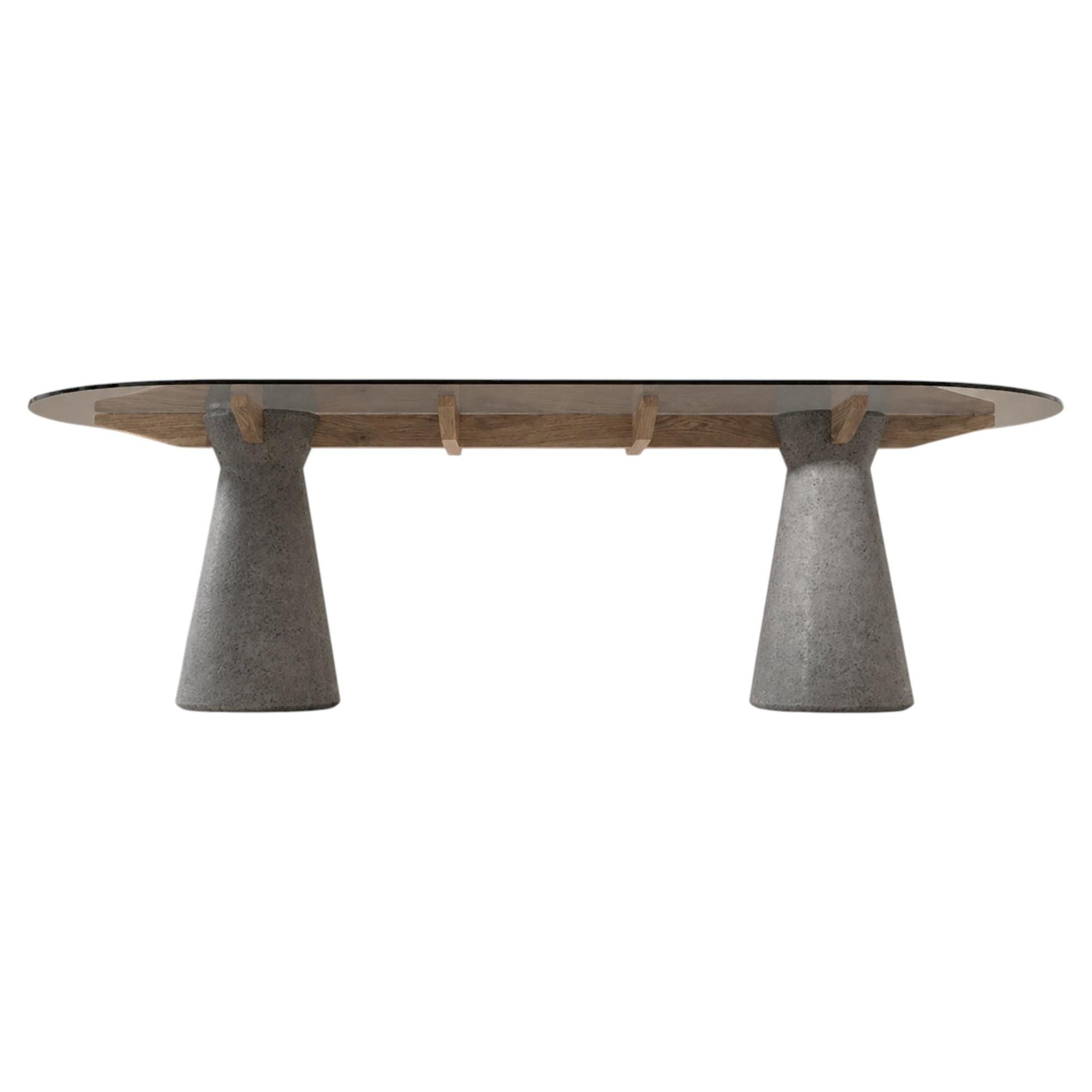 Table de salle à manger en pierre de lave, bois massif et verre fumé stratifié