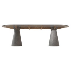 Impressa, Dining table made of Lava Stone, Solid Wood & Laminated Smoked Glass