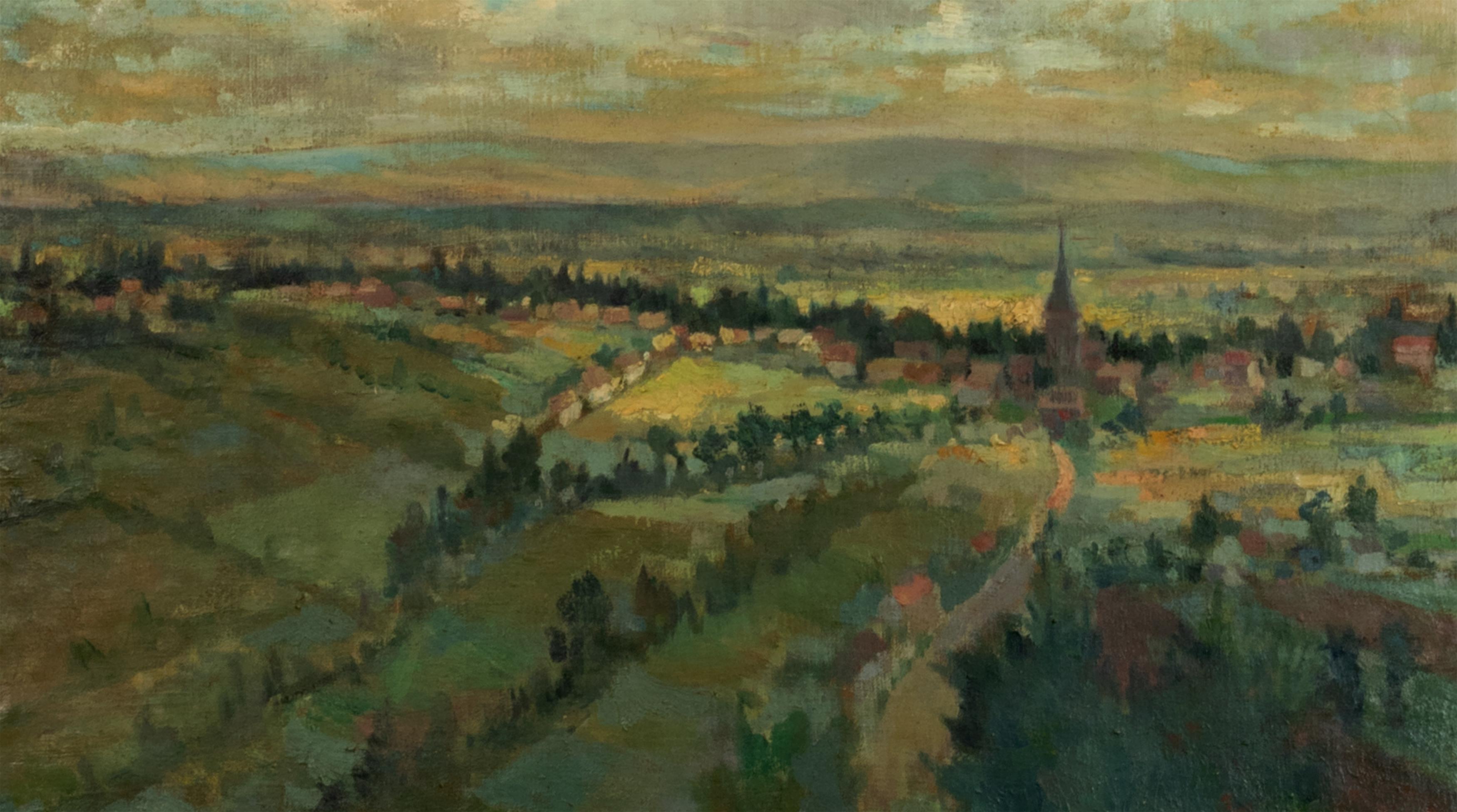 Huilé Peinture impressionniste de paysage français, Pierre Demet, années 1940, cadre blanc cassé en vente