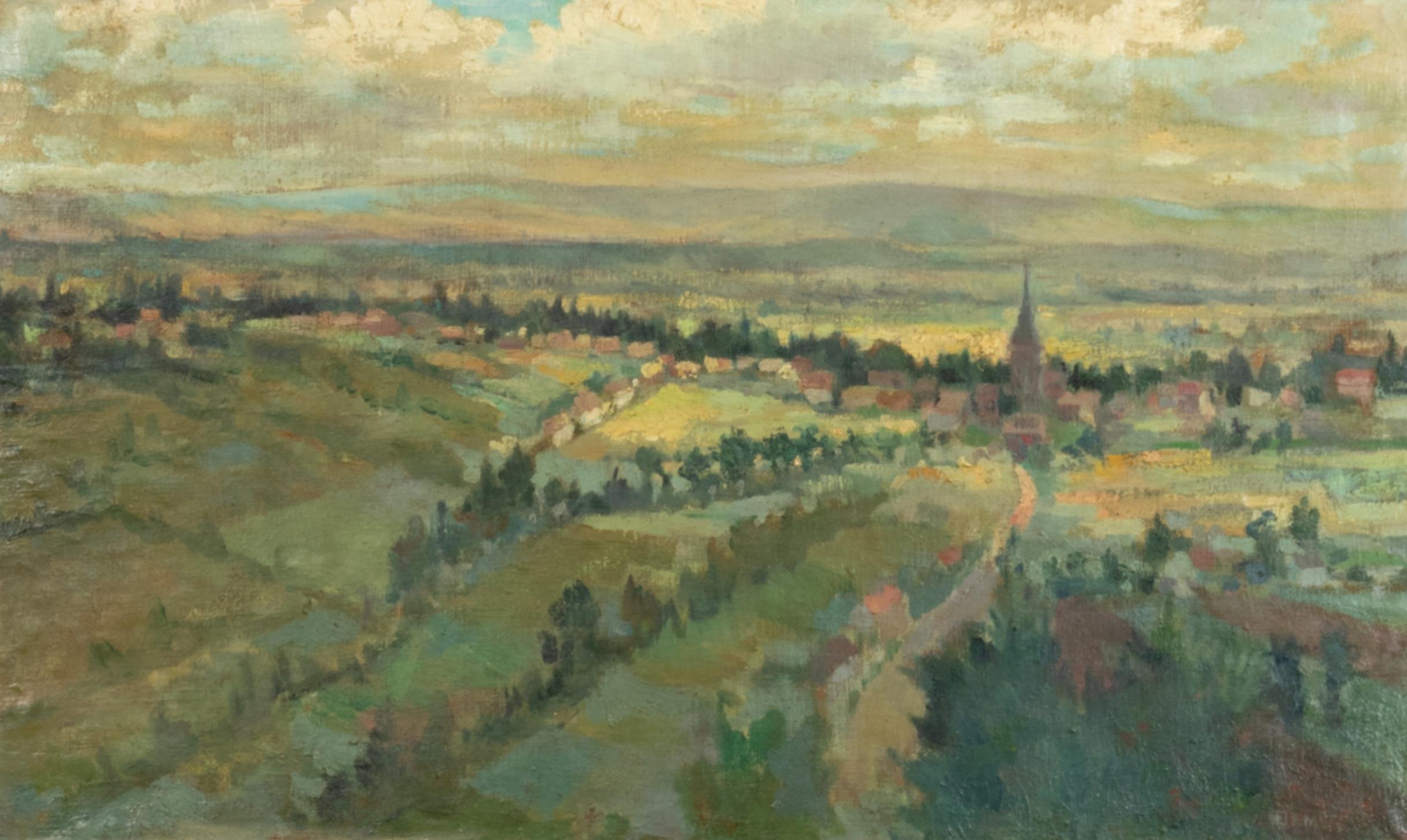 Peinture impressionniste de paysage français, Pierre Demet, années 1940, cadre blanc cassé État moyen - En vente à Lisbon, PT