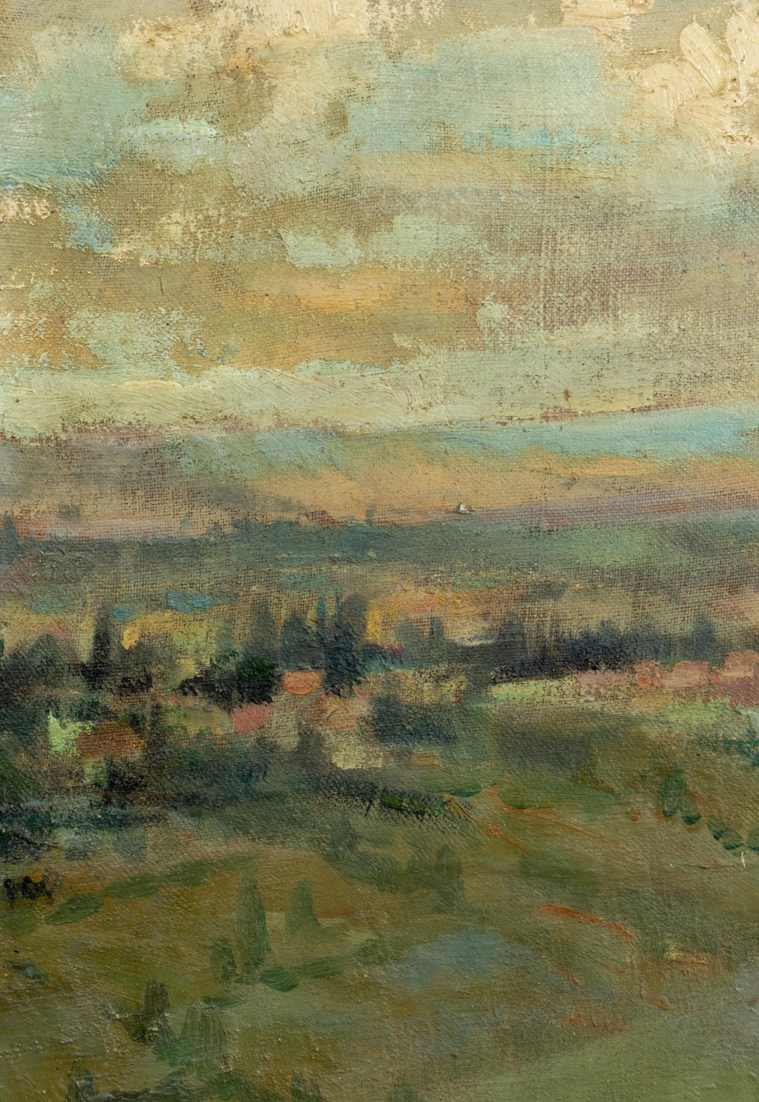 Toile Peinture impressionniste de paysage français, Pierre Demet, années 1940, cadre blanc cassé en vente