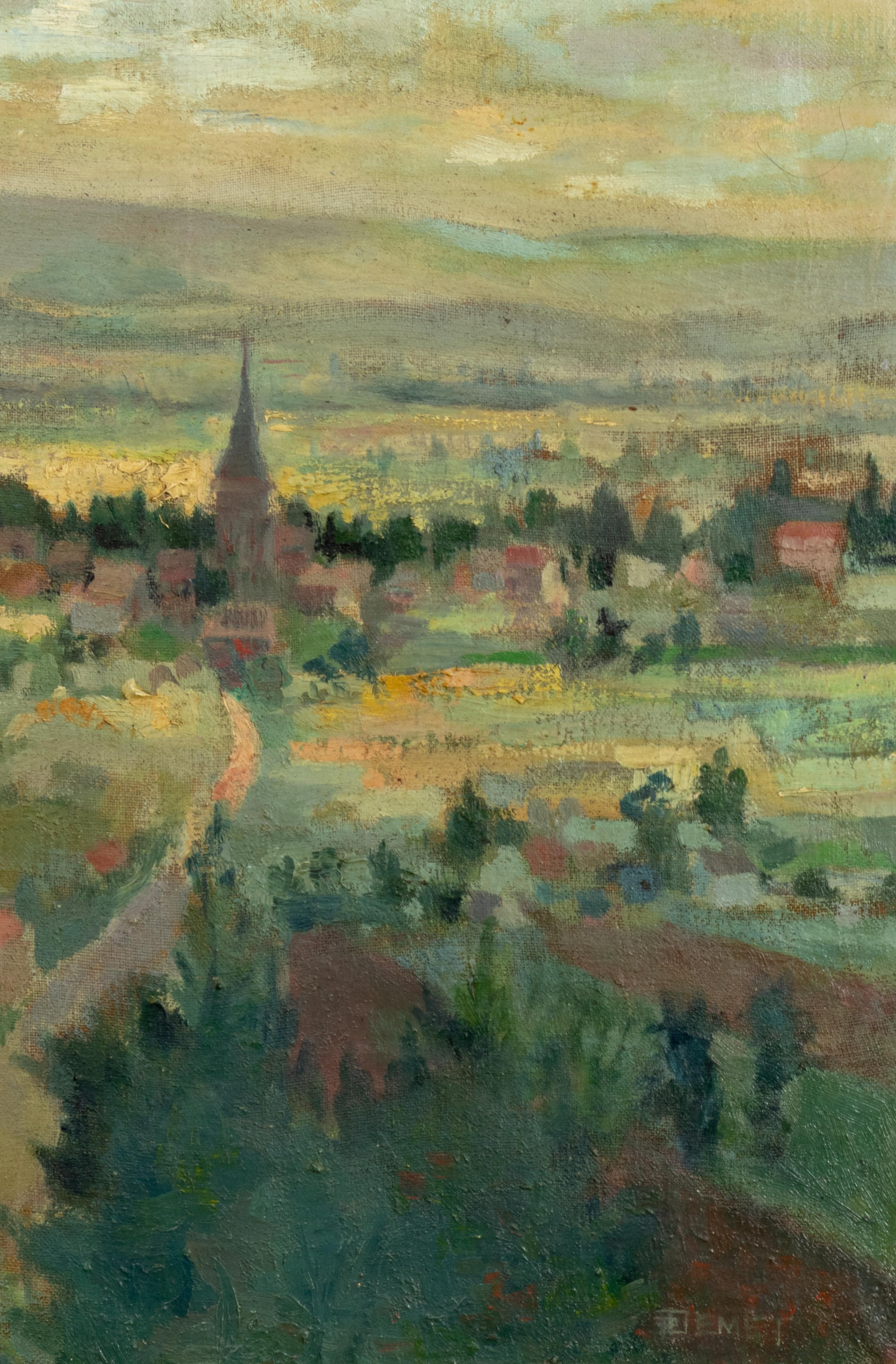 Peinture impressionniste de paysage français, Pierre Demet, années 1940, cadre blanc cassé en vente 1