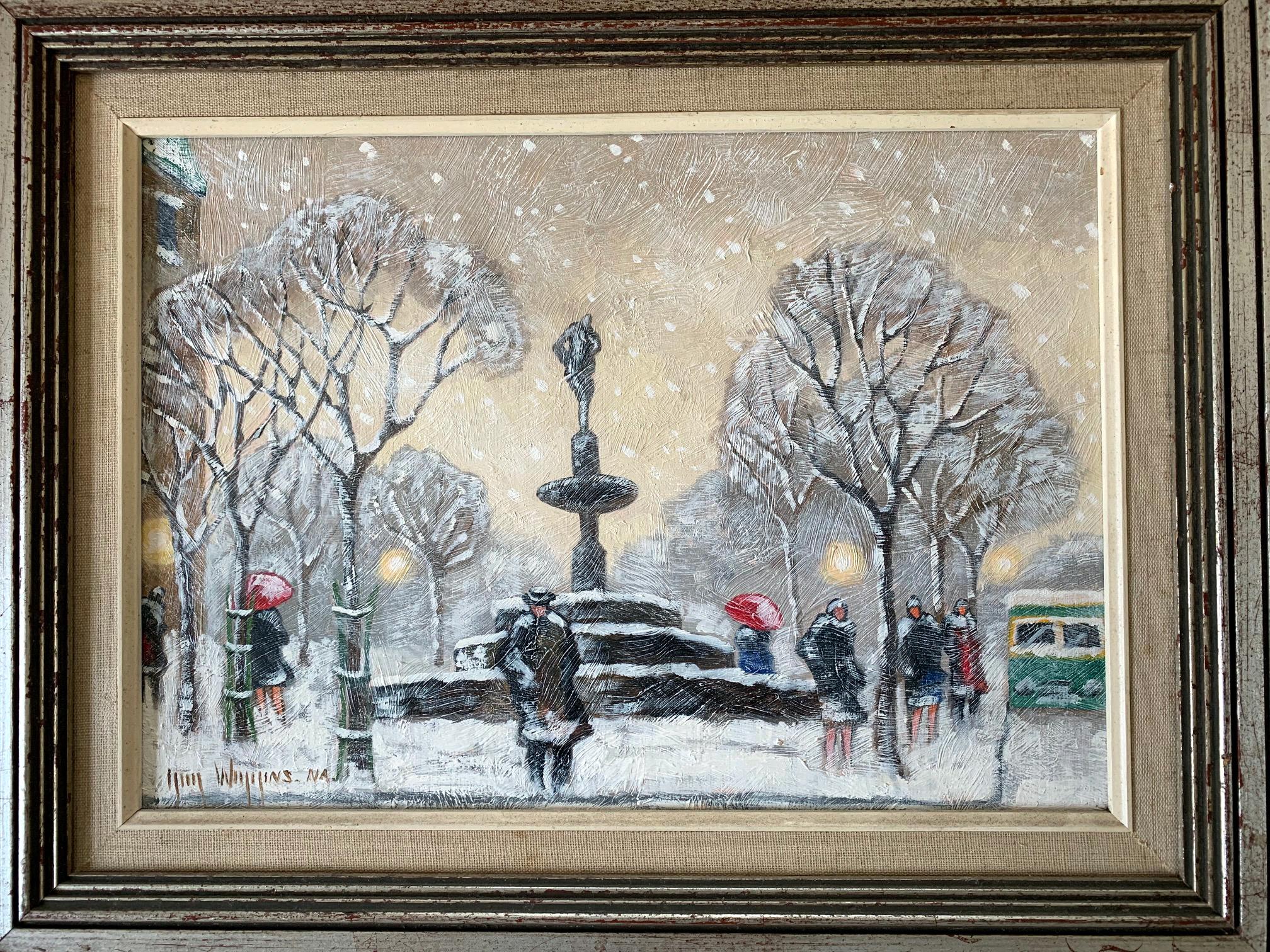 Gerahmtes Öl auf Leinwand von Guy Carleton Wiggins (1883-1962). Wiggins war ein amerikanischer impressionistischer Maler, der für seine Bilder von verschneiten Straßenszenen in New York City bekannt war. Das angebotene Gemälde trägt den Titel