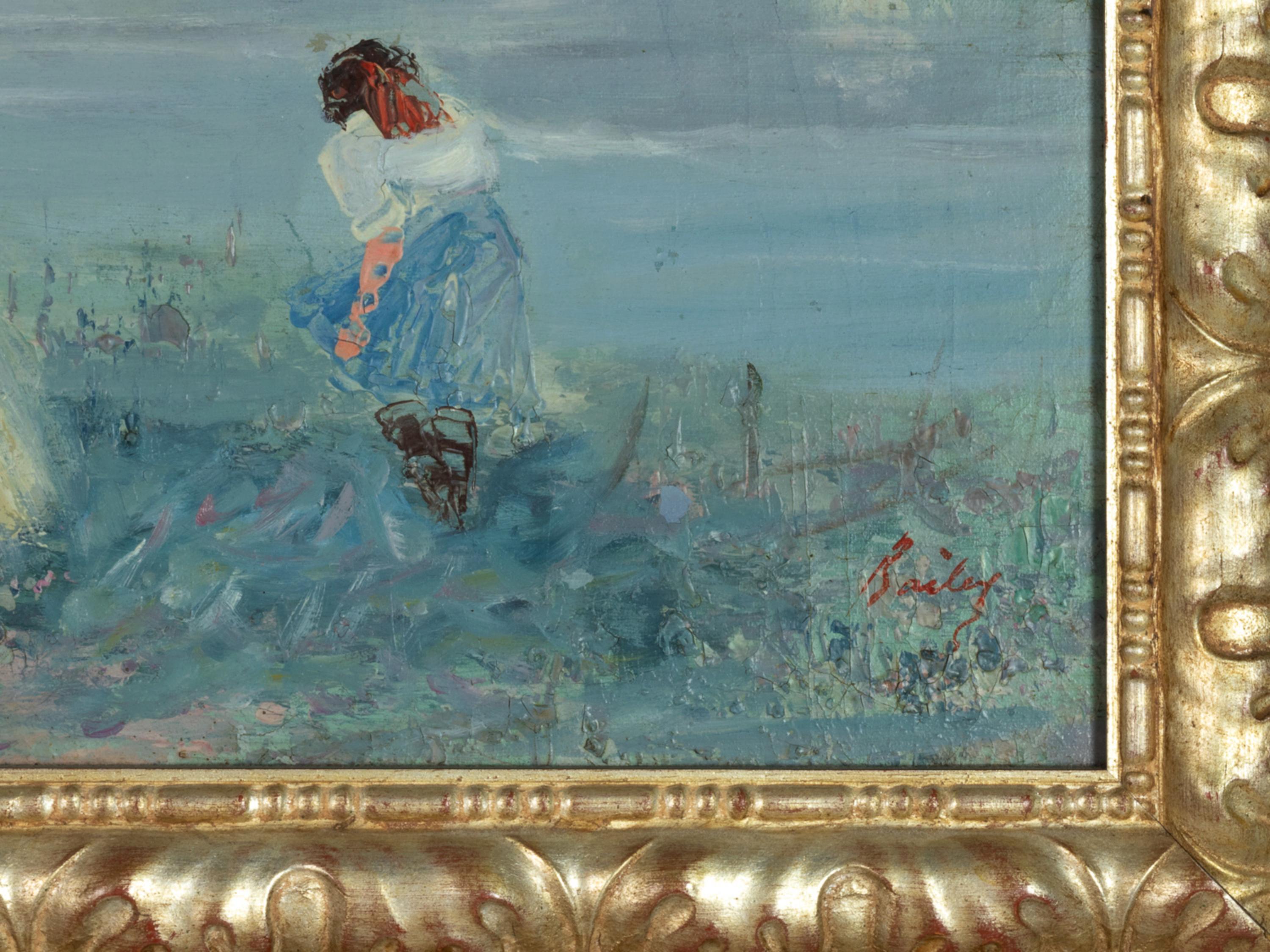 An early 20th Century Post Impressionist painting of a lady with children, set against the picturesque backdrop of the Argenteuil region near Paris, is depicted in a blue tonality. The work, signed 'Bailey' in the lower right corner, exudes a sense