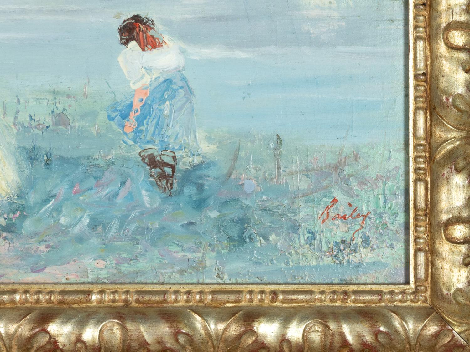 Un cuadro postimpresionista de principios del siglo XX de una dama con niños, con el pintoresco telón de fondo de la región de Argenteuil, cerca de París, representado en una tonalidad azul. La obra, firmada 