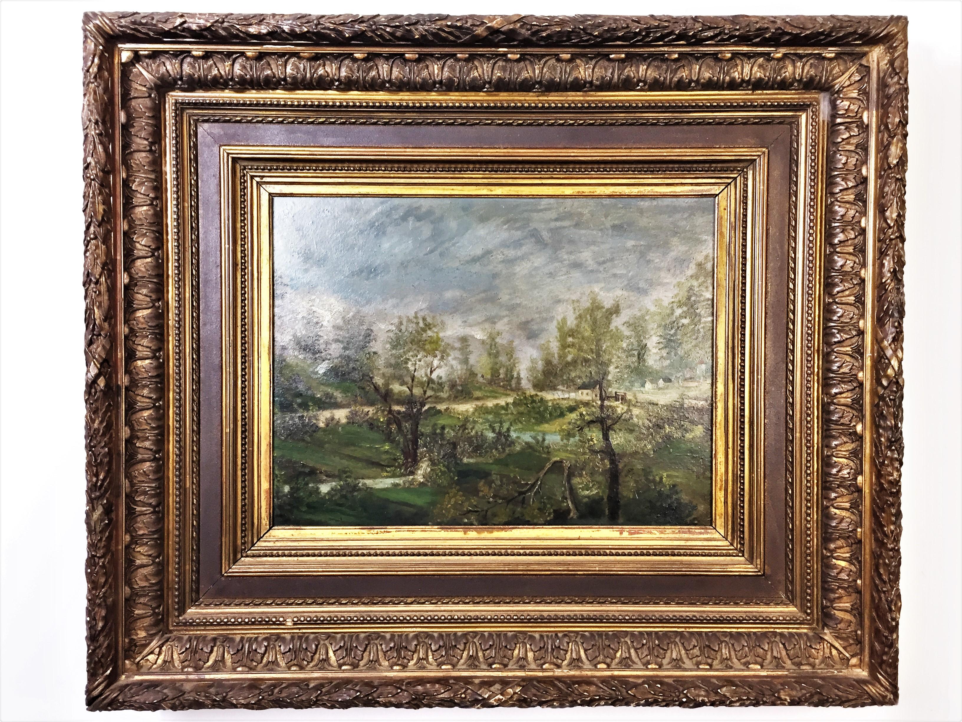 Charming oil on panel representing a landscape with a river and a village in the background. 
Impressionism painting with an important guilded frame with a decor of pearl, ribbons, bay and acanthus leaves.
Dimensions: 16/12 inches at view
