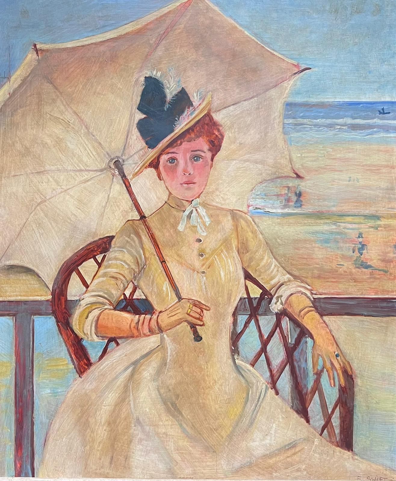 Portrait of an Elegant Lady under Parasol, the beach in the distance
English School, Impressionist
signed oil on board, framed
framed: 32 x 27 inches
board: 24 x 20 inches
provenance: private collection, England
condition: very good and sound