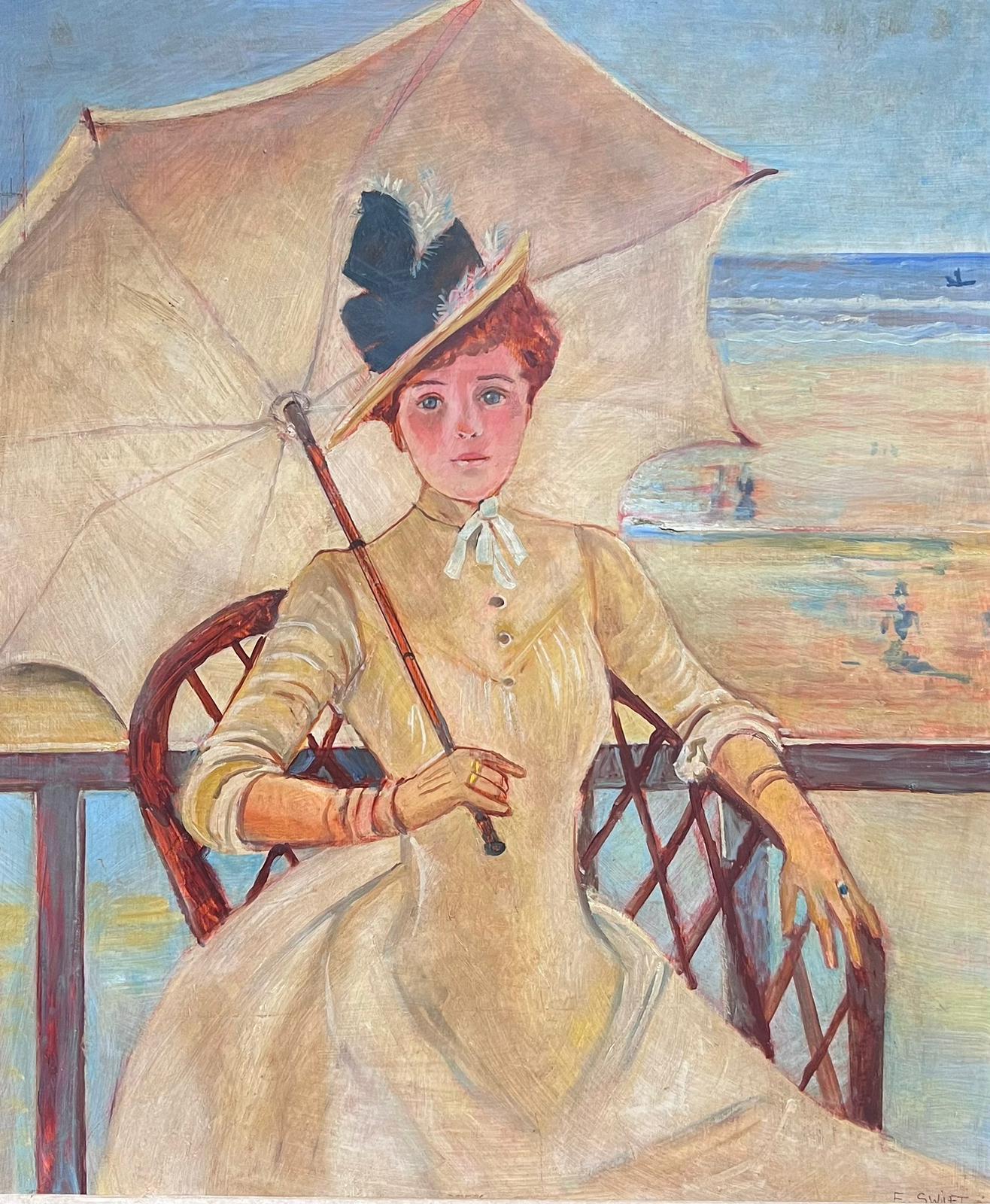 Großes signiertes impressionistisches Ölgemälde einer eleganten Dame am Strand, signiert – Painting von Impressionist Artist