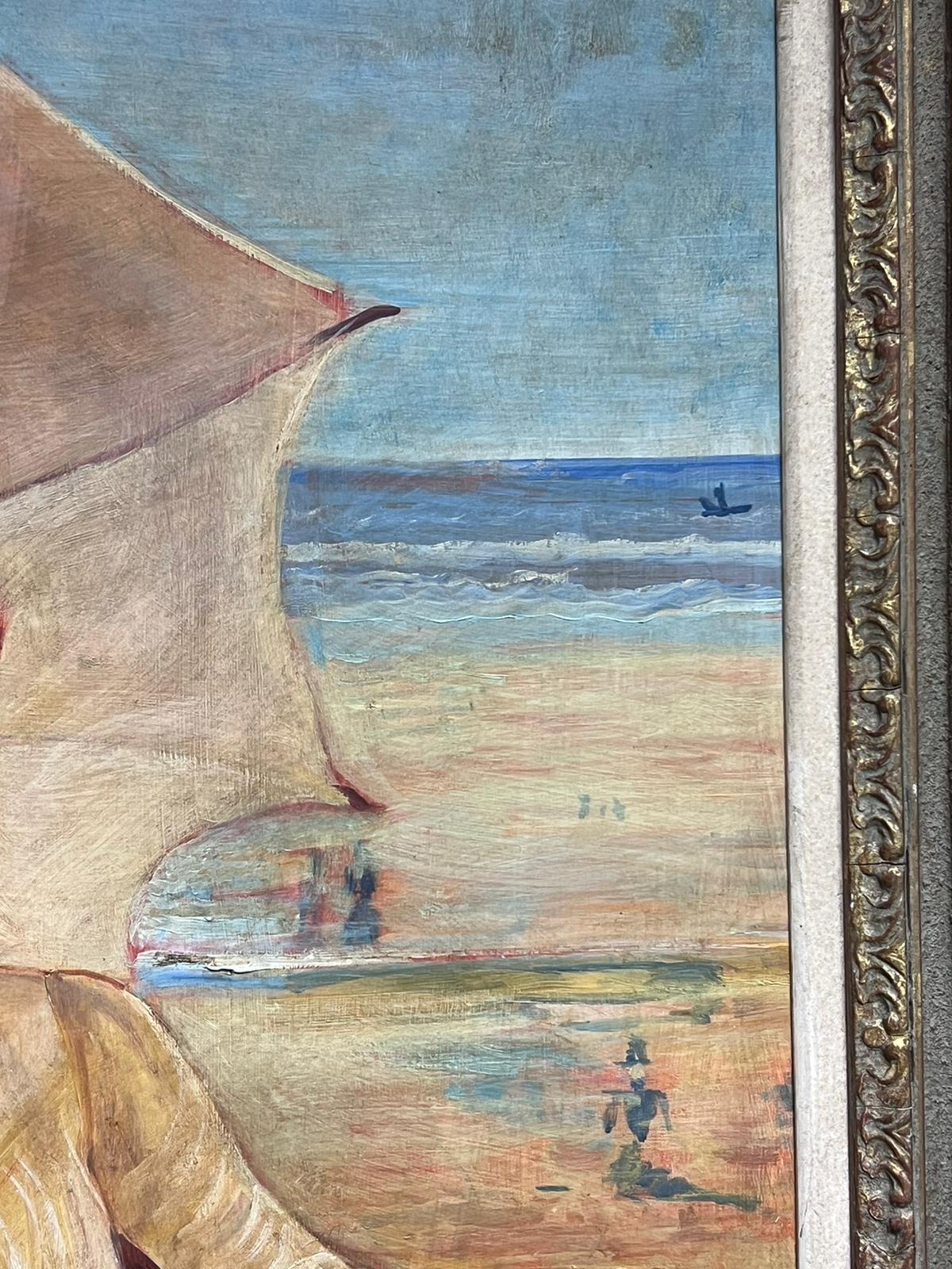 Großes signiertes impressionistisches Ölgemälde einer eleganten Dame am Strand, signiert (Impressionismus), Painting, von Impressionist Artist