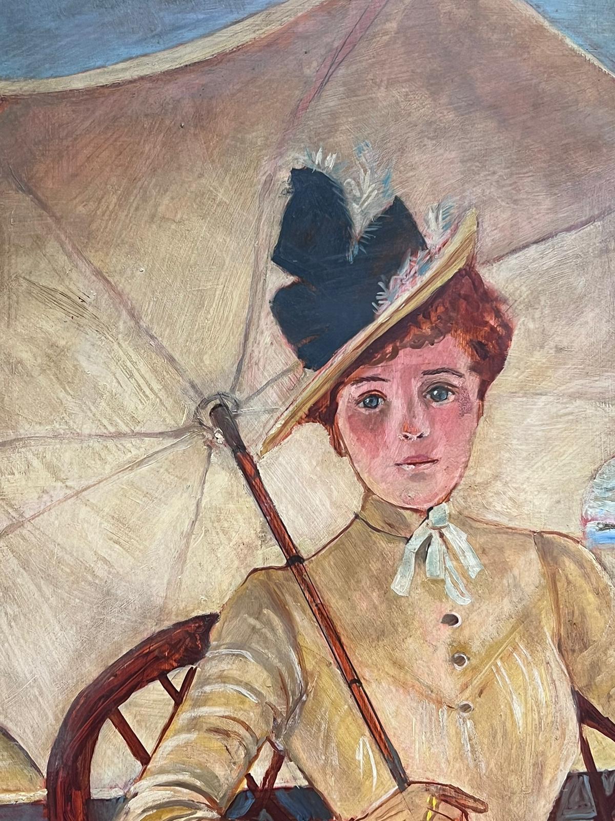Großes signiertes impressionistisches Ölgemälde einer eleganten Dame am Strand, signiert (Braun), Portrait Painting, von Impressionist Artist