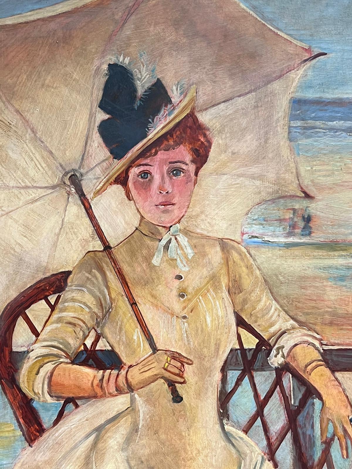 Großes signiertes impressionistisches Ölgemälde einer eleganten Dame am Strand, signiert im Angebot 4