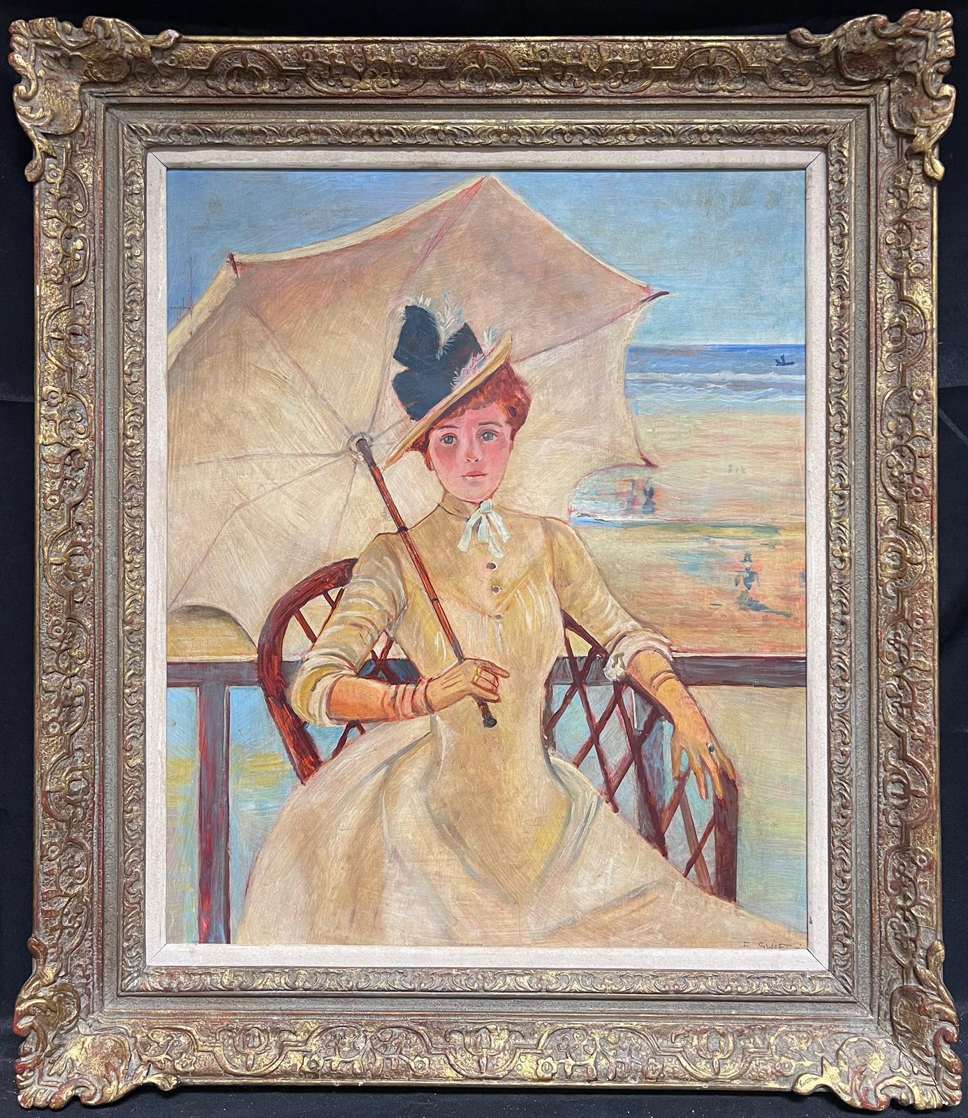 Impressionist Artist Portrait Painting - Large Impressionist Signed Oil Painting Portrait of Elegant Lady on Beach