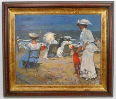 Cuadro impresionista de una escena de playa, pintado a mano, estilo victoriano, EE. UU.