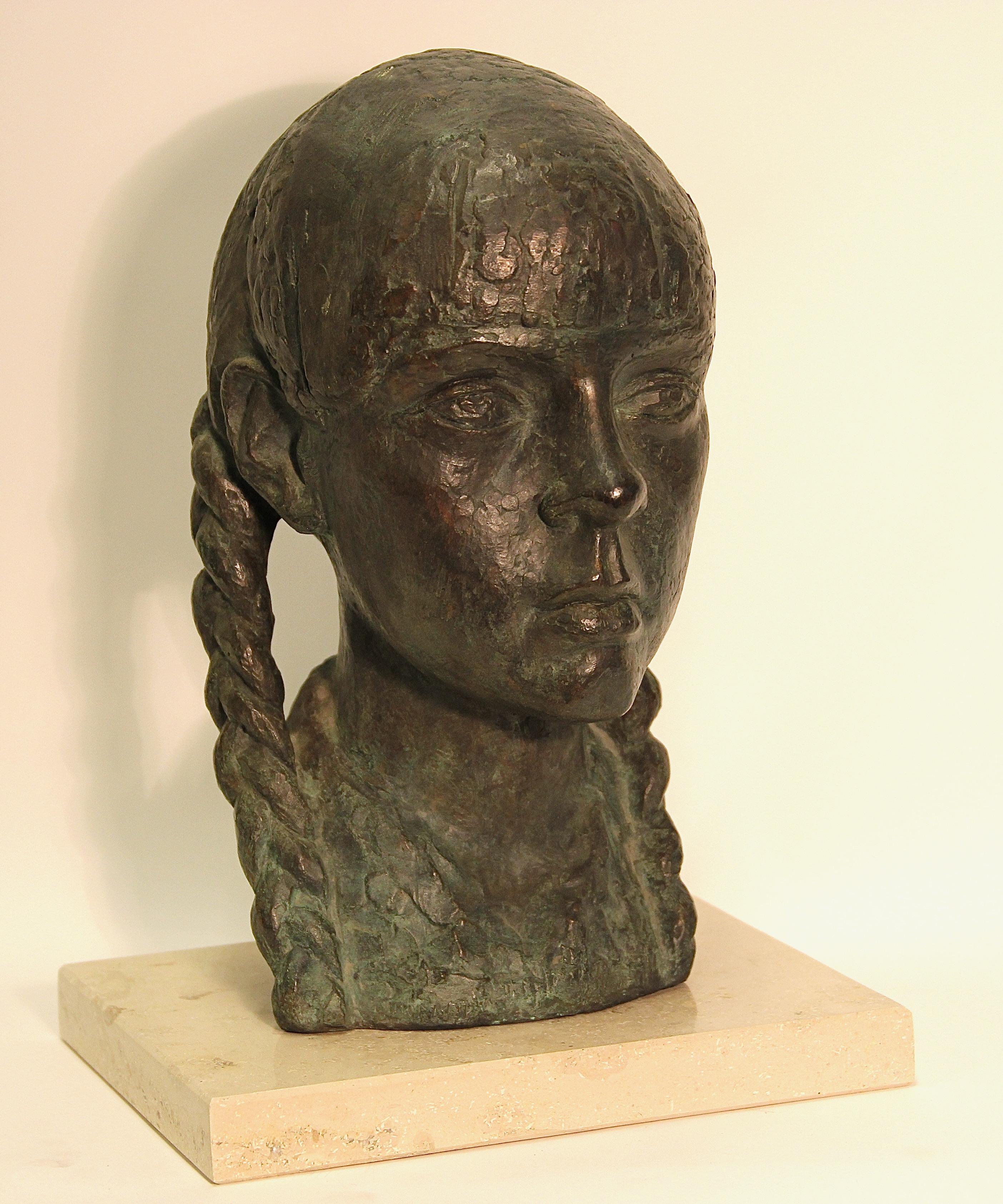 Impressionist bronze bust sculpture of a young lady. On a marble base.

Unsigned. Artist unknown.
