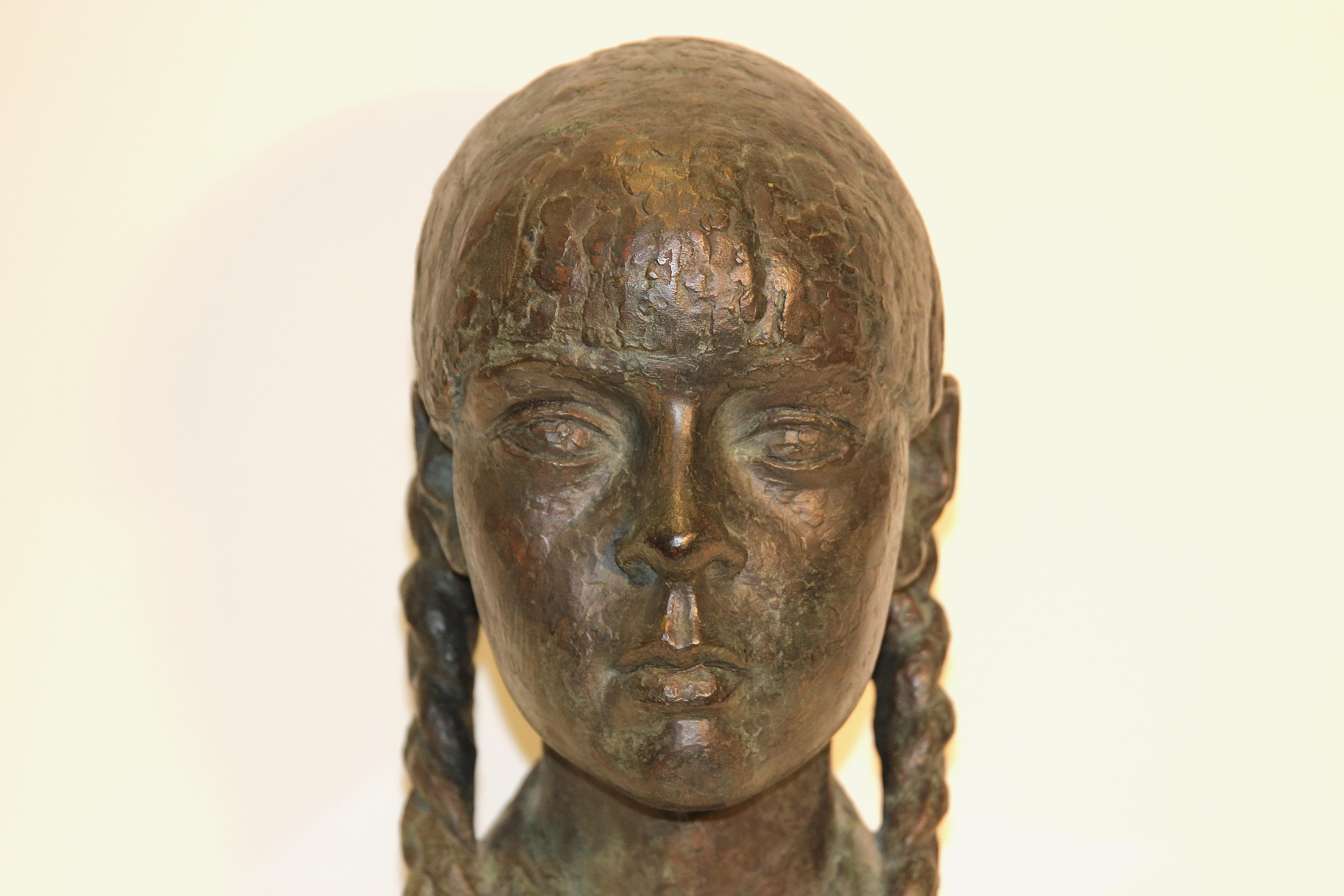 20th Century Impressionist Bronze Bust Sculpture of a Young Lady, on a Marble Base, Unsigned For Sale