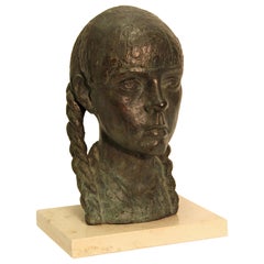 Vintage Impressionist Bronze Bust Sculpture of a Young Lady, on a Marble Base, Unsigned