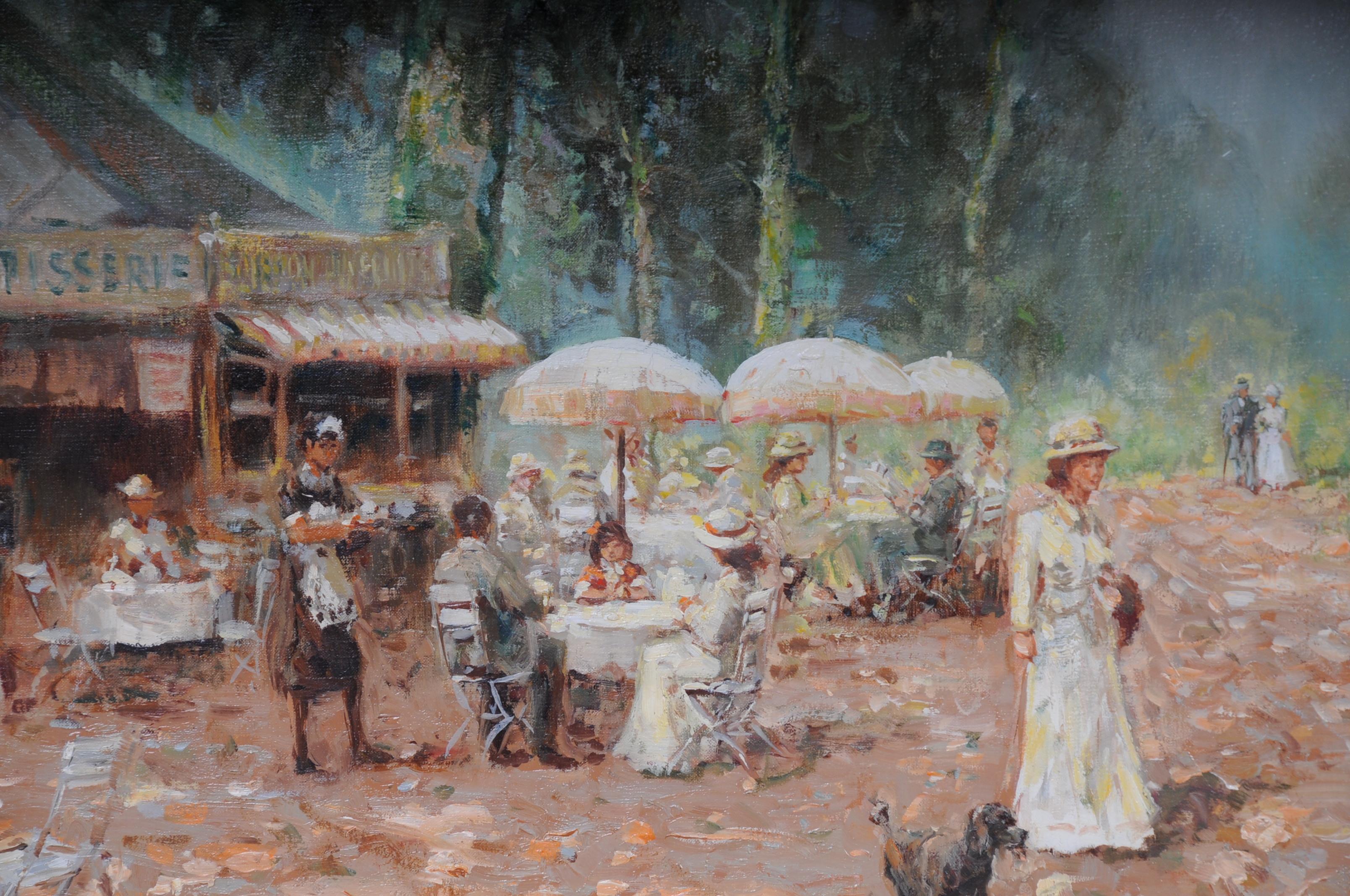 Hand-Painted Impressionist Café Landscape France, 20th Century For Sale