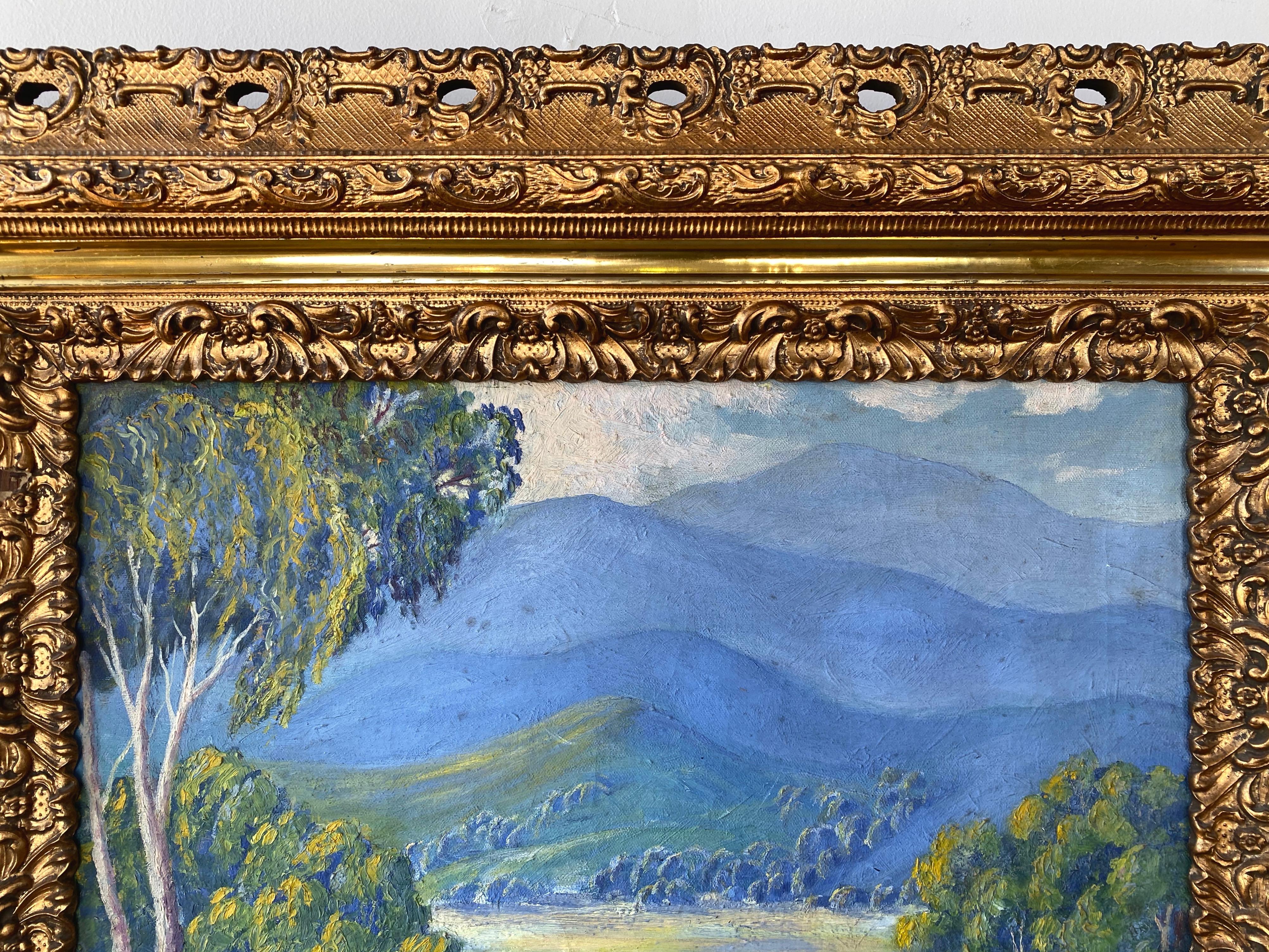 American Classical California Plein Air Impressionist Oil Painting in Baroque Frame, Early 20th C.