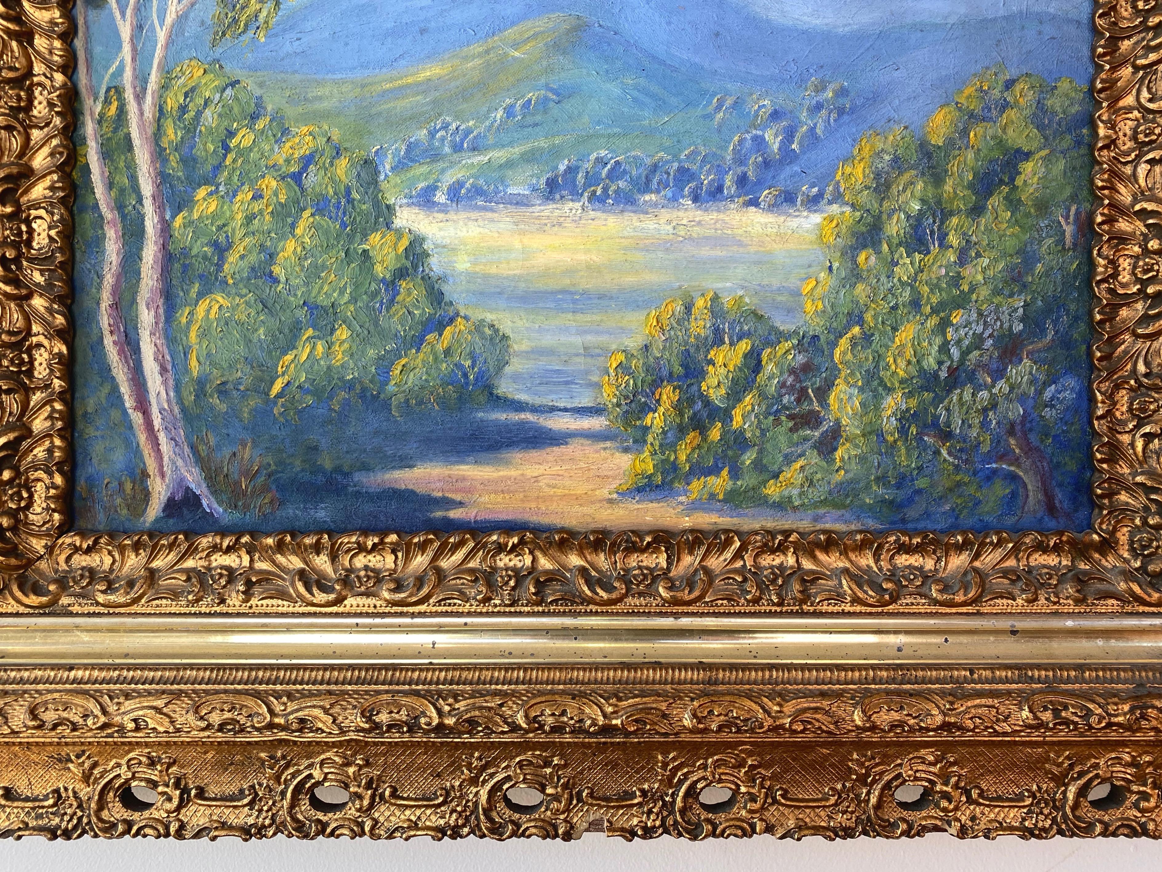 American California Plein Air Impressionist Oil Painting in Baroque Frame, Early 20th C.
