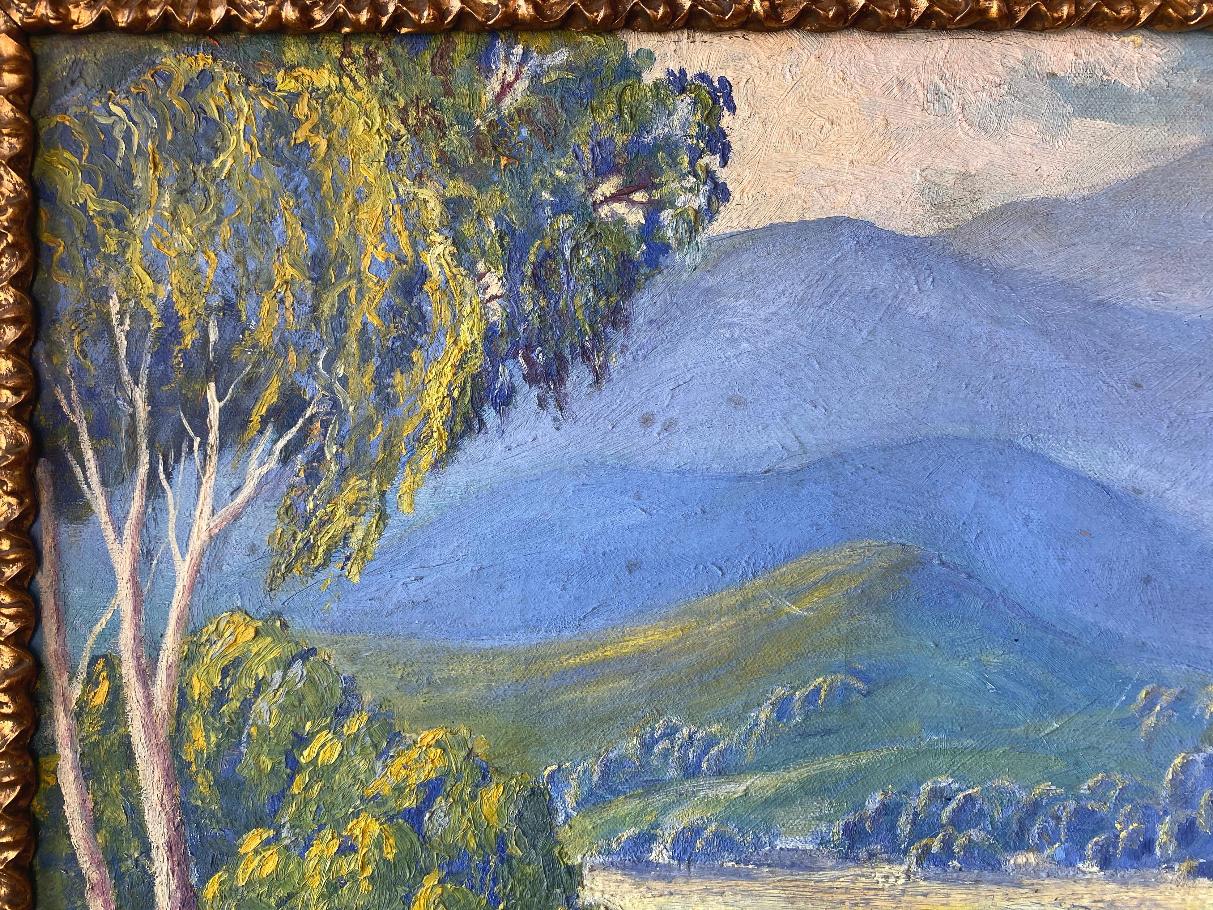 Hand-Carved California Plein Air Impressionist Oil Painting in Baroque Frame, Early 20th C.