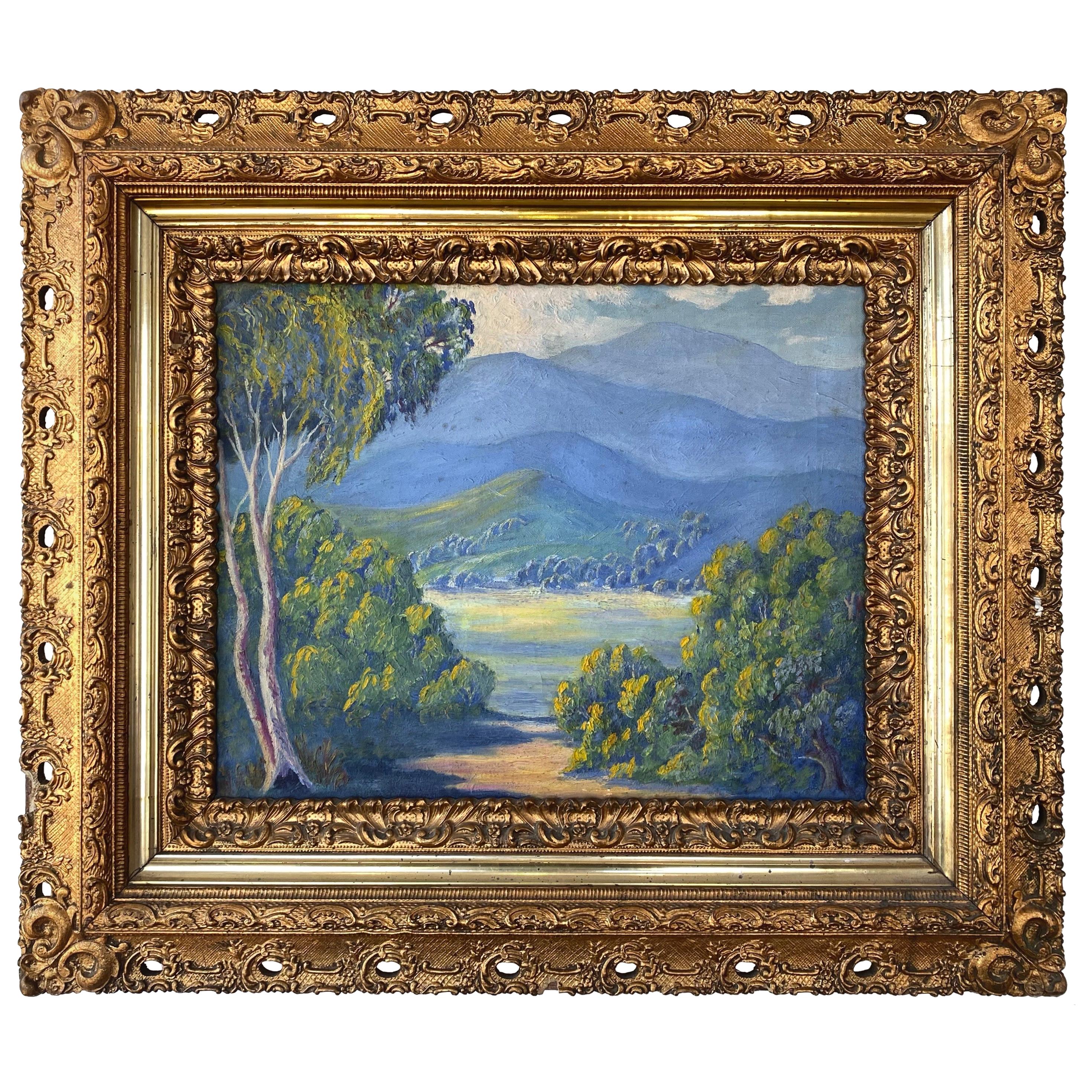 California Plein Air Impressionist Oil Painting in Baroque Frame, Early 20th C.