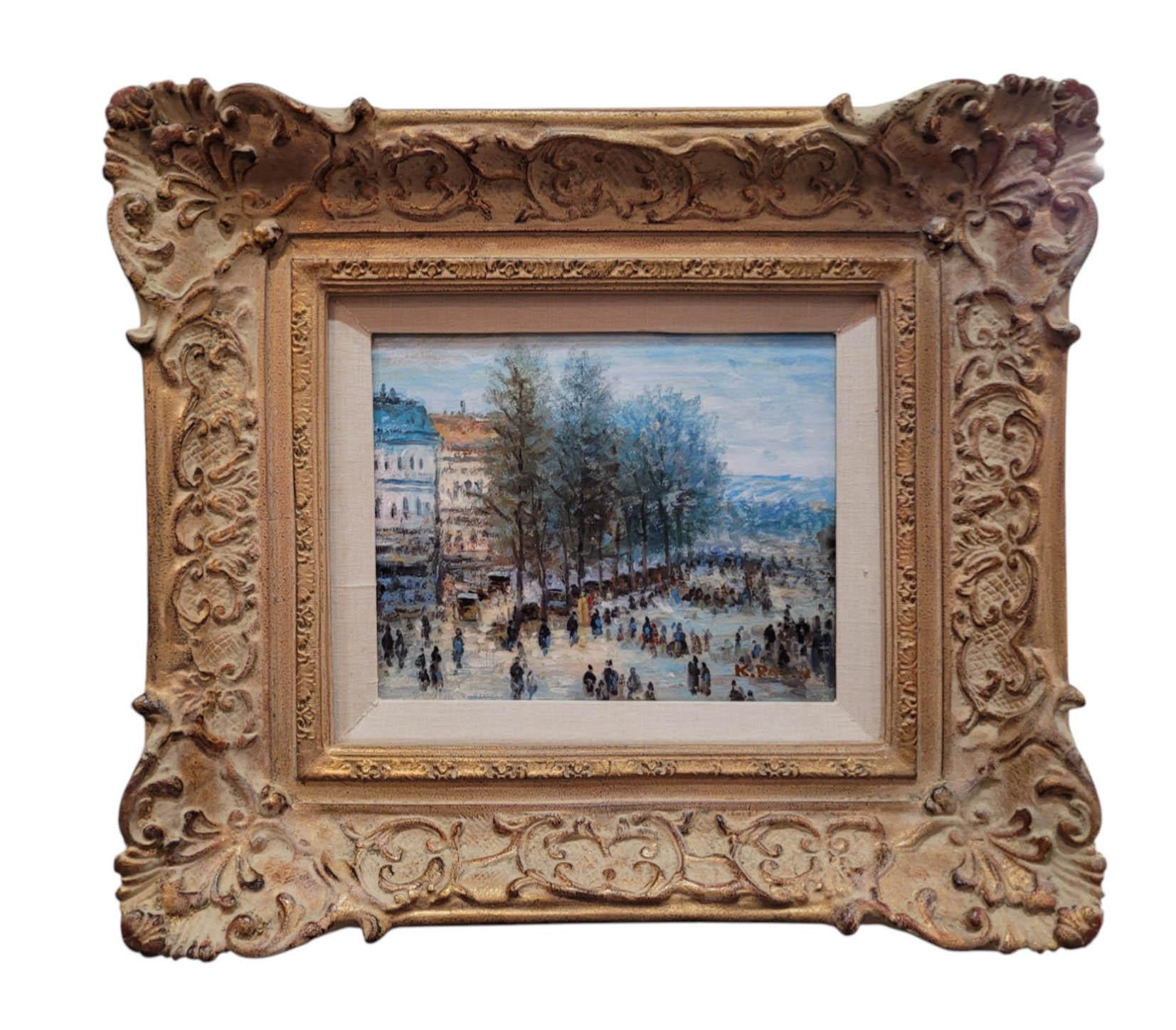 Este cautivador óleo sobre lienzo representa una animada escena de una ciudad europea, probablemente París, representada en un encantador estilo impresionista. Enmarcada en un sólido marco de madera ornamentada con un acabado dorado suavemente