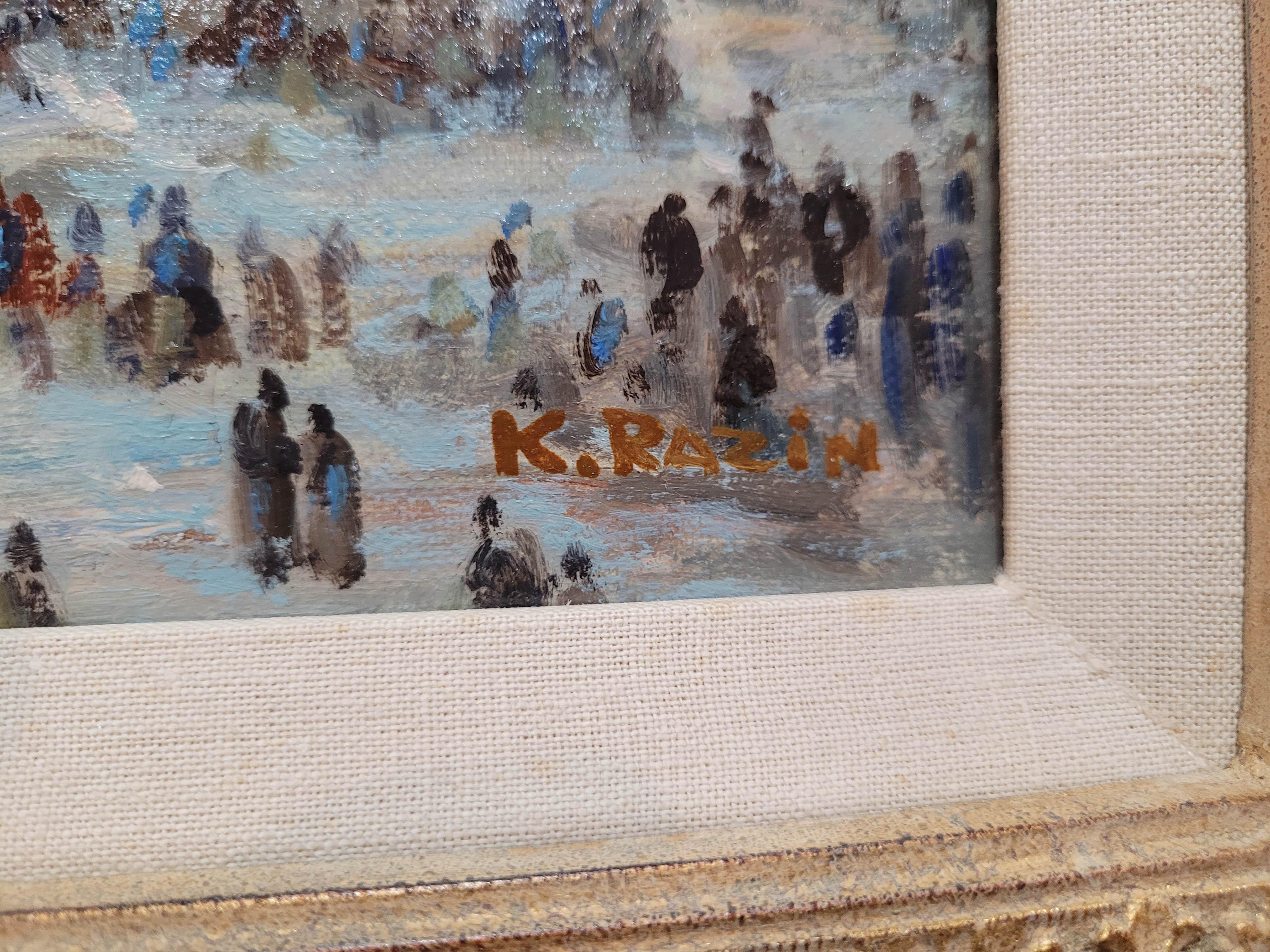 Paisaje urbano impresionista  Pintura al óleo de K. Razin en Bueno estado para la venta en North Palm Beach, FL