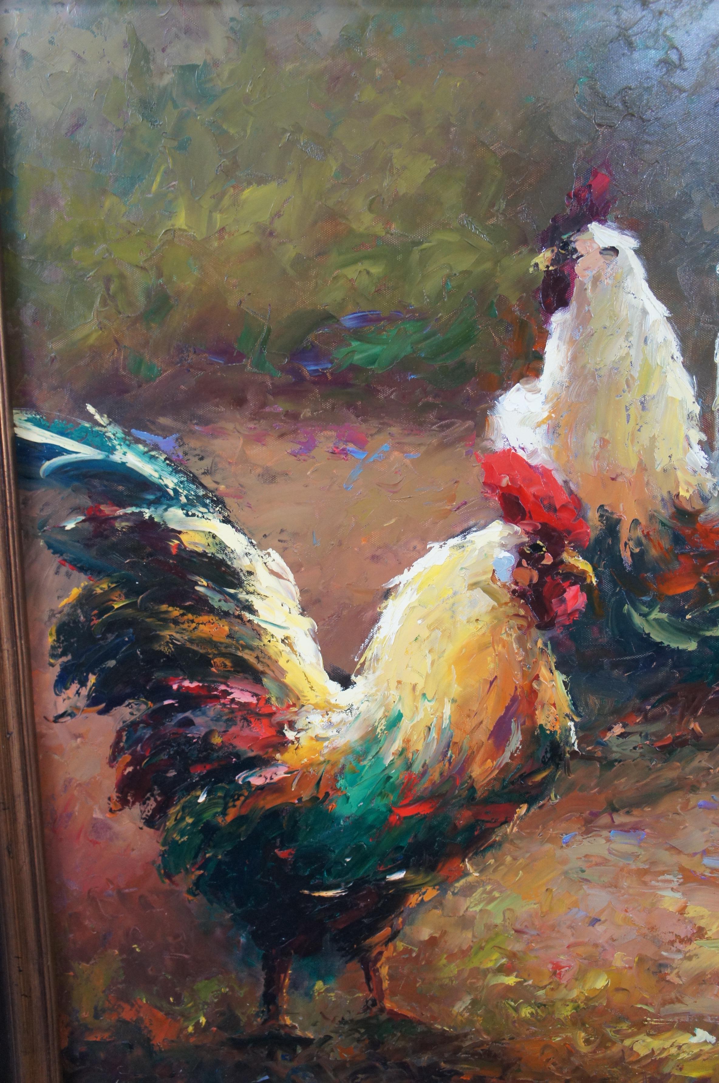 Impressionist Country Farmhouse Chicken Rooster Hen Oil Painting on Canvas For Sale 3