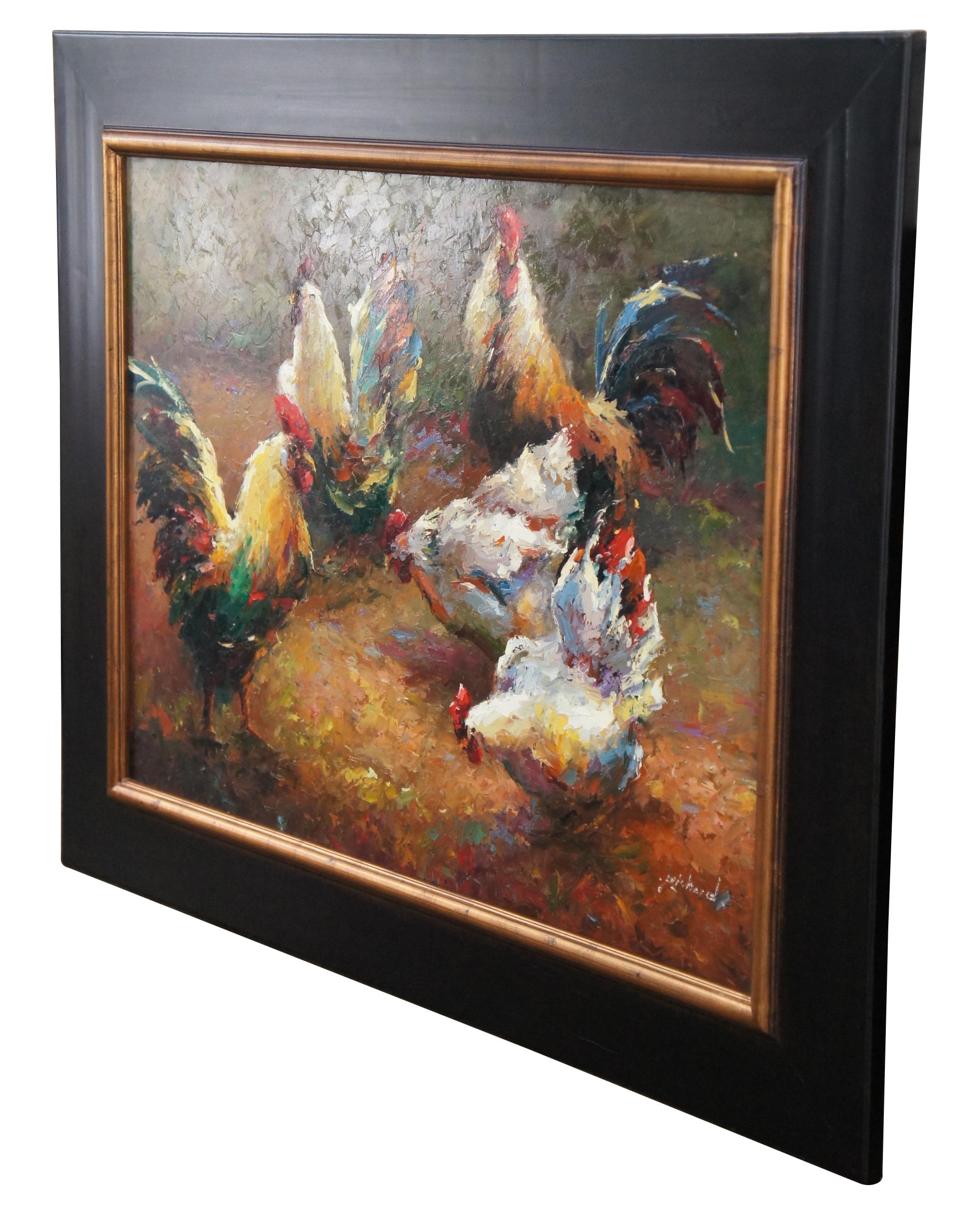 Large vintage Impressionist country farmhouse oil painting featuring five chickens / roosters / hens / birds in a colorful spectrum of light. Signed lower right. 

Dimensions: 
50.5