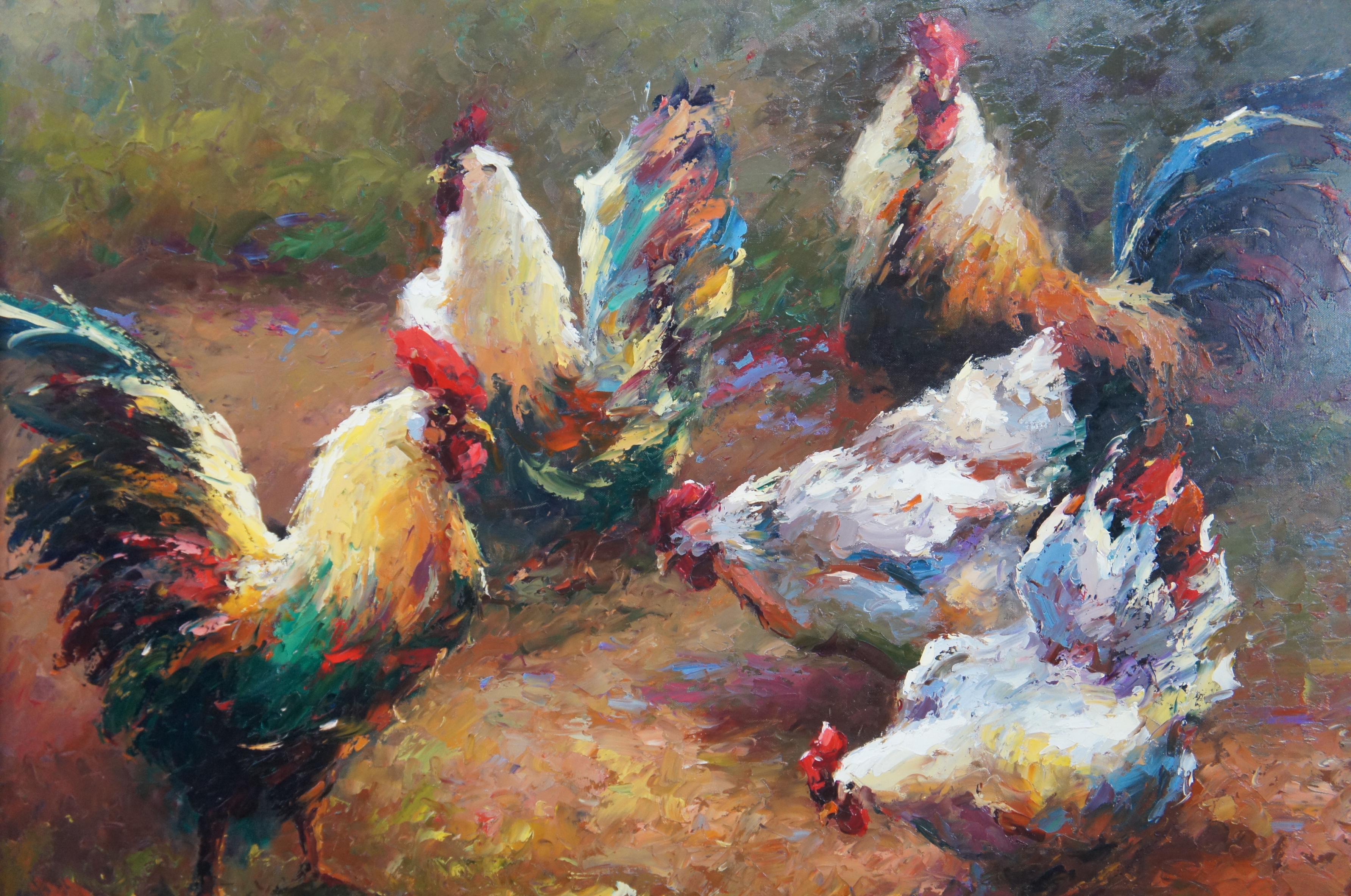 Impressionist Country Farmhouse Chicken Rooster Hen Oil Painting on Canvas In Good Condition For Sale In Dayton, OH