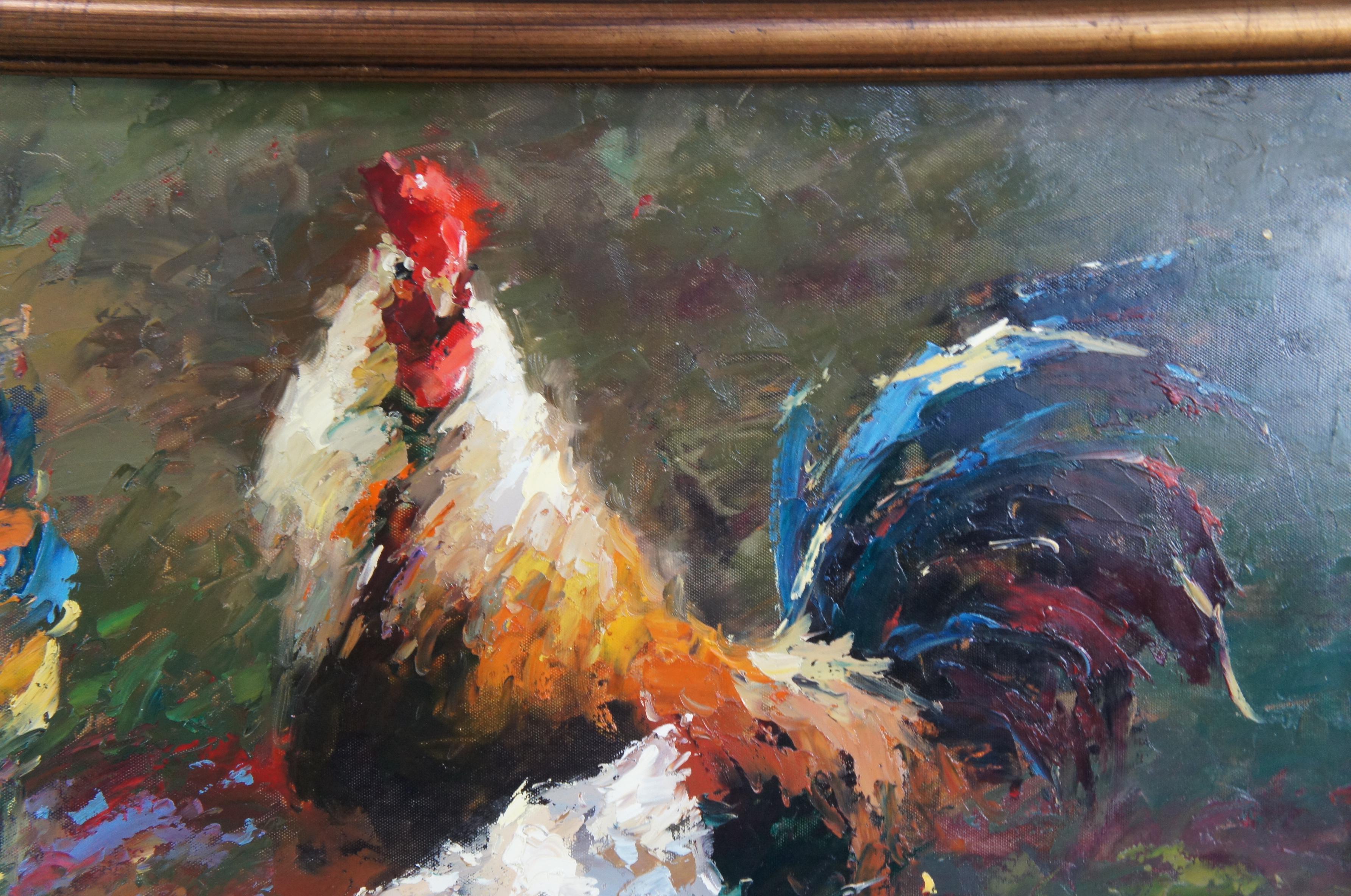 Impressionist Country Farmhouse Chicken Rooster Hen Oil Painting on Canvas For Sale 1