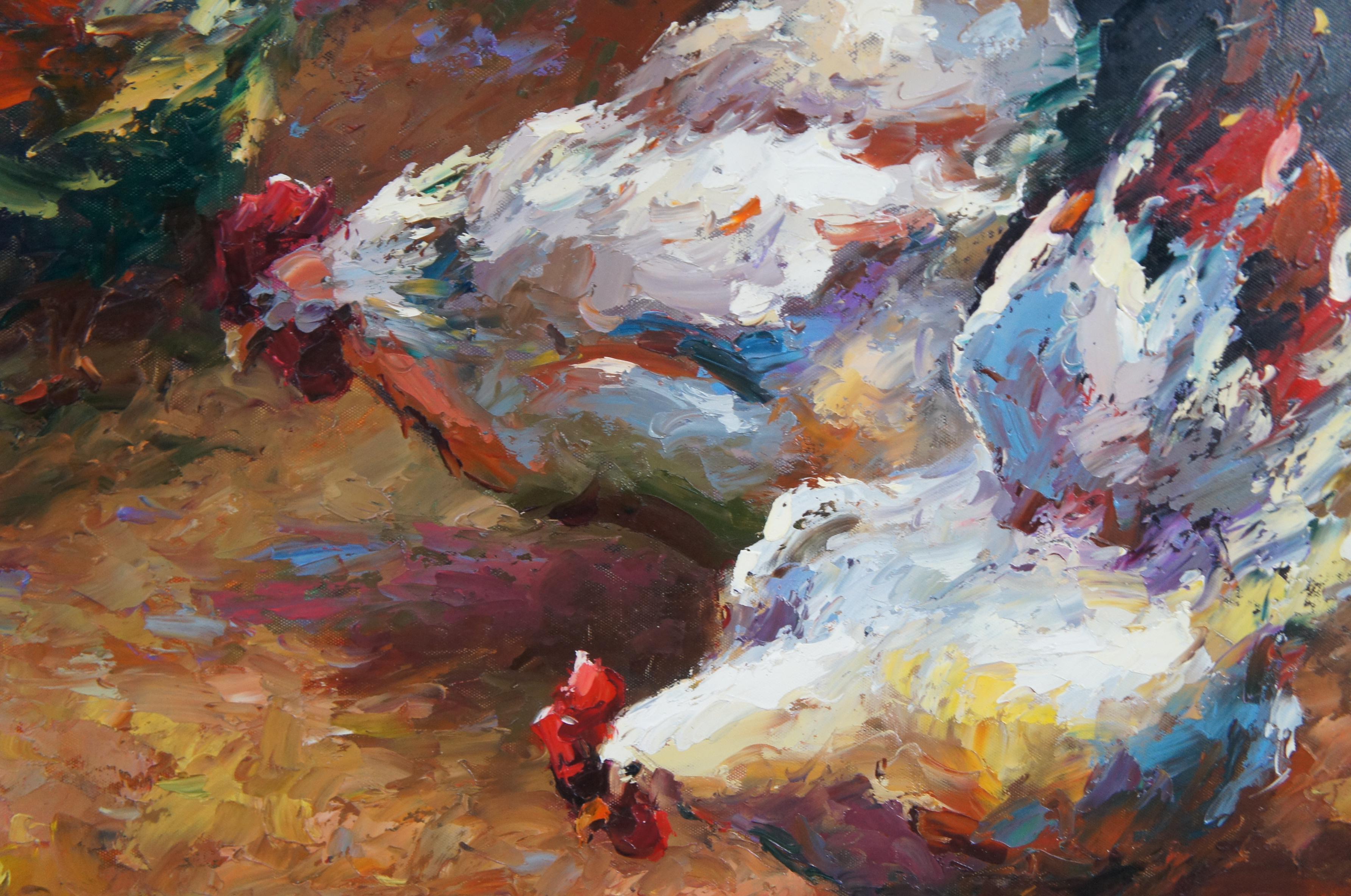 Impressionist Country Farmhouse Chicken Rooster Hen Oil Painting on Canvas For Sale 3
