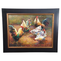 Pittura a olio su tela impressionista di campagna con gallina e gallo.