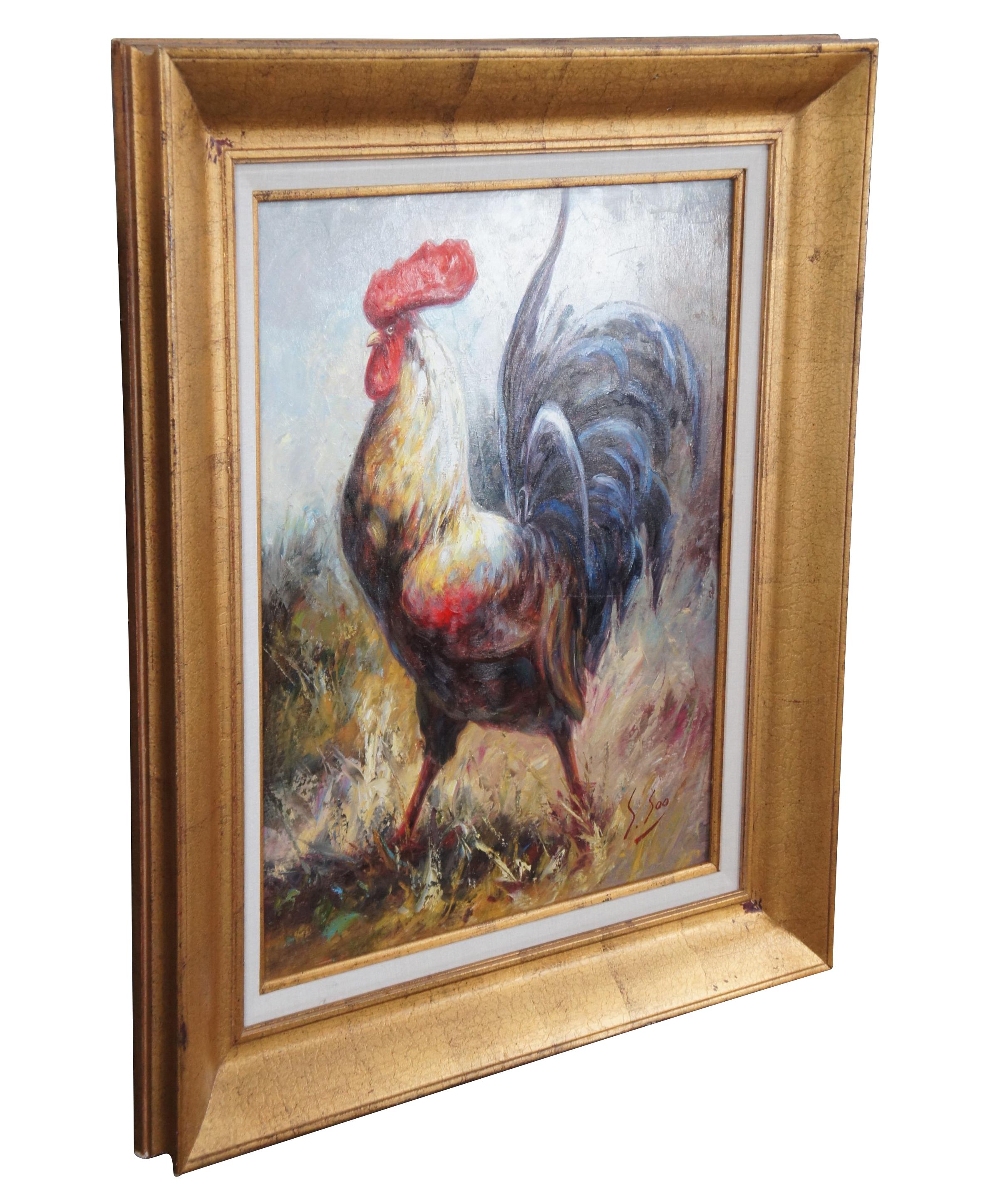Large vintage Impressionist country farmhouse oil painting featuring a portrait of a Rooster / bird in a colorful spectrum of light. Signed lower right by S. Soo. Framed in Camille gold crackle frame. 

Dimensions:
35
