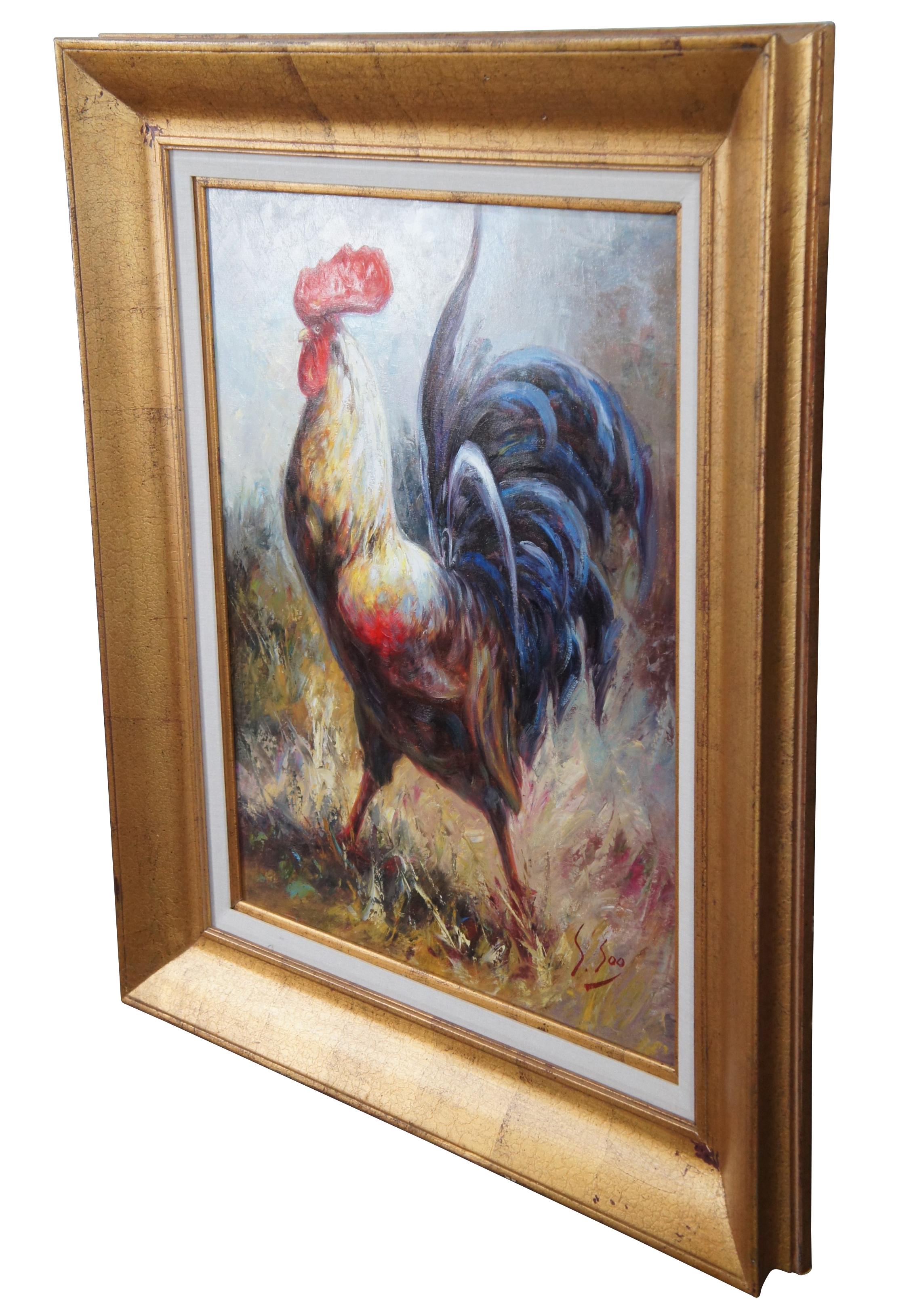 Impressionist Country Farmhouse Rooster Portrait Oil Painting on Canvas In Good Condition For Sale In Dayton, OH