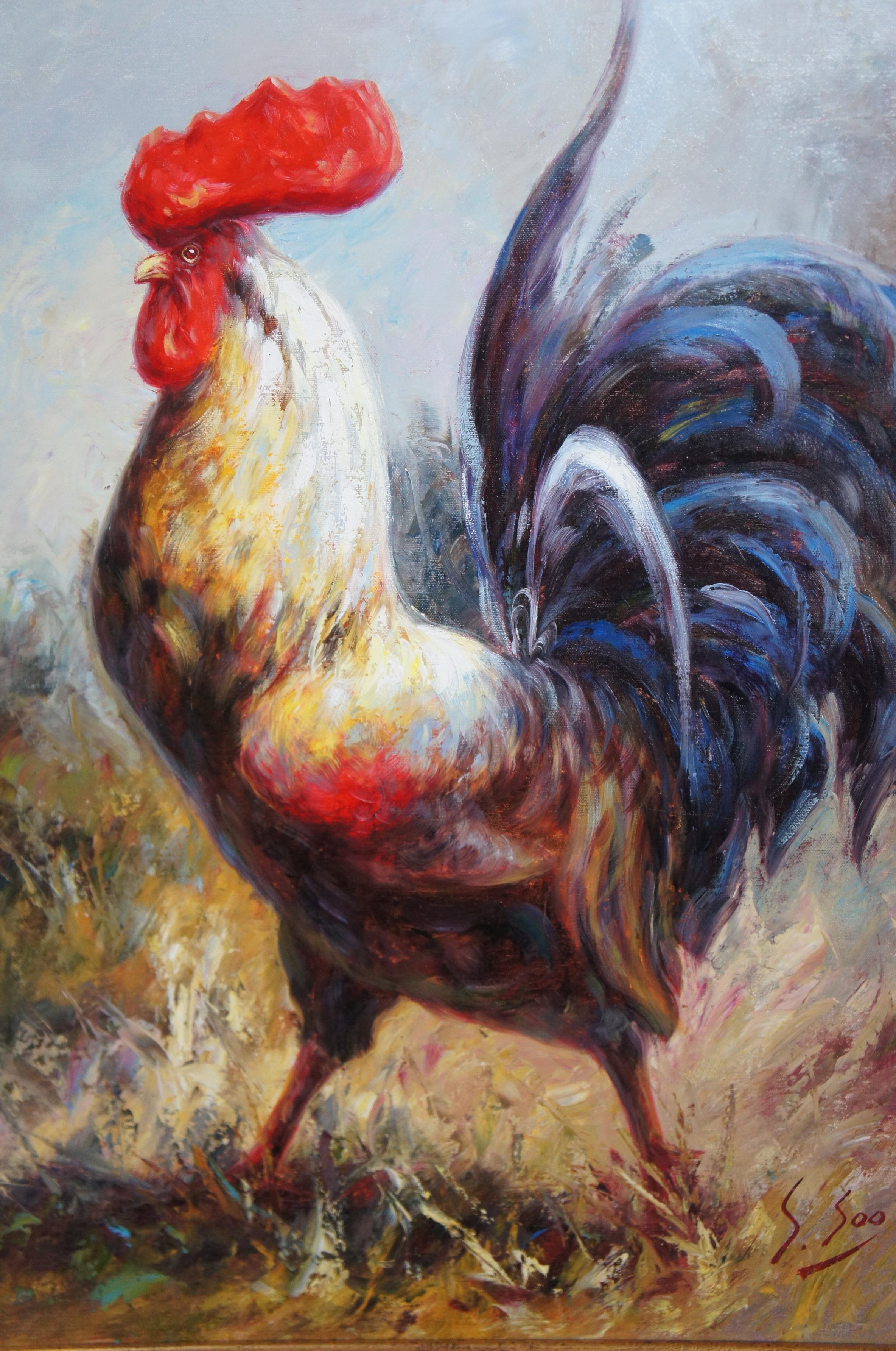 Impressionist Country Farmhouse Rooster Portrait Oil Painting on Canvas For Sale 1