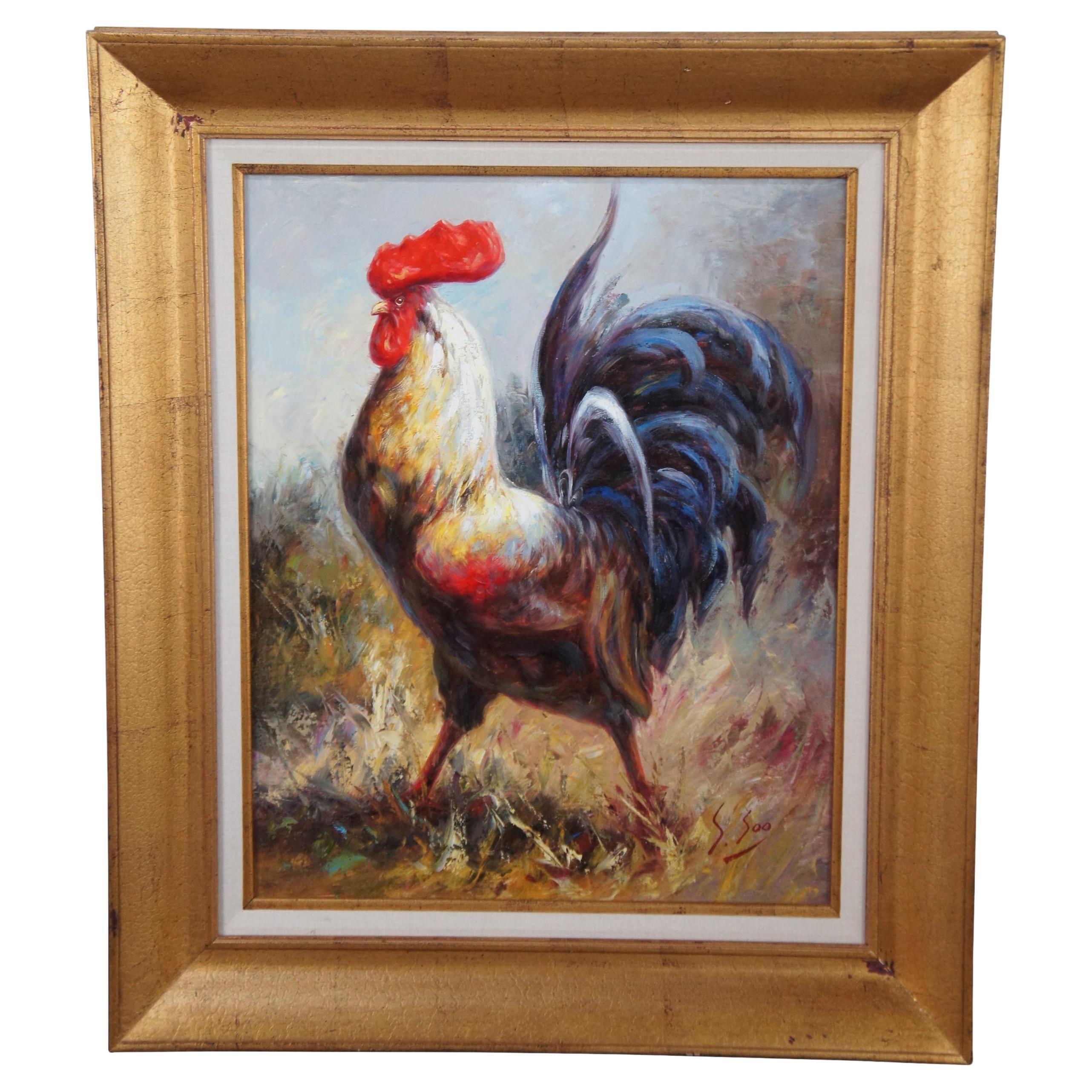 Portrait de coq de ferme champêtre impressionniste, peinture à l'huile sur toile