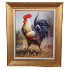 Vintage Impressionist Country Farmhouse Rooster Portrait Oil Painting on Canvas