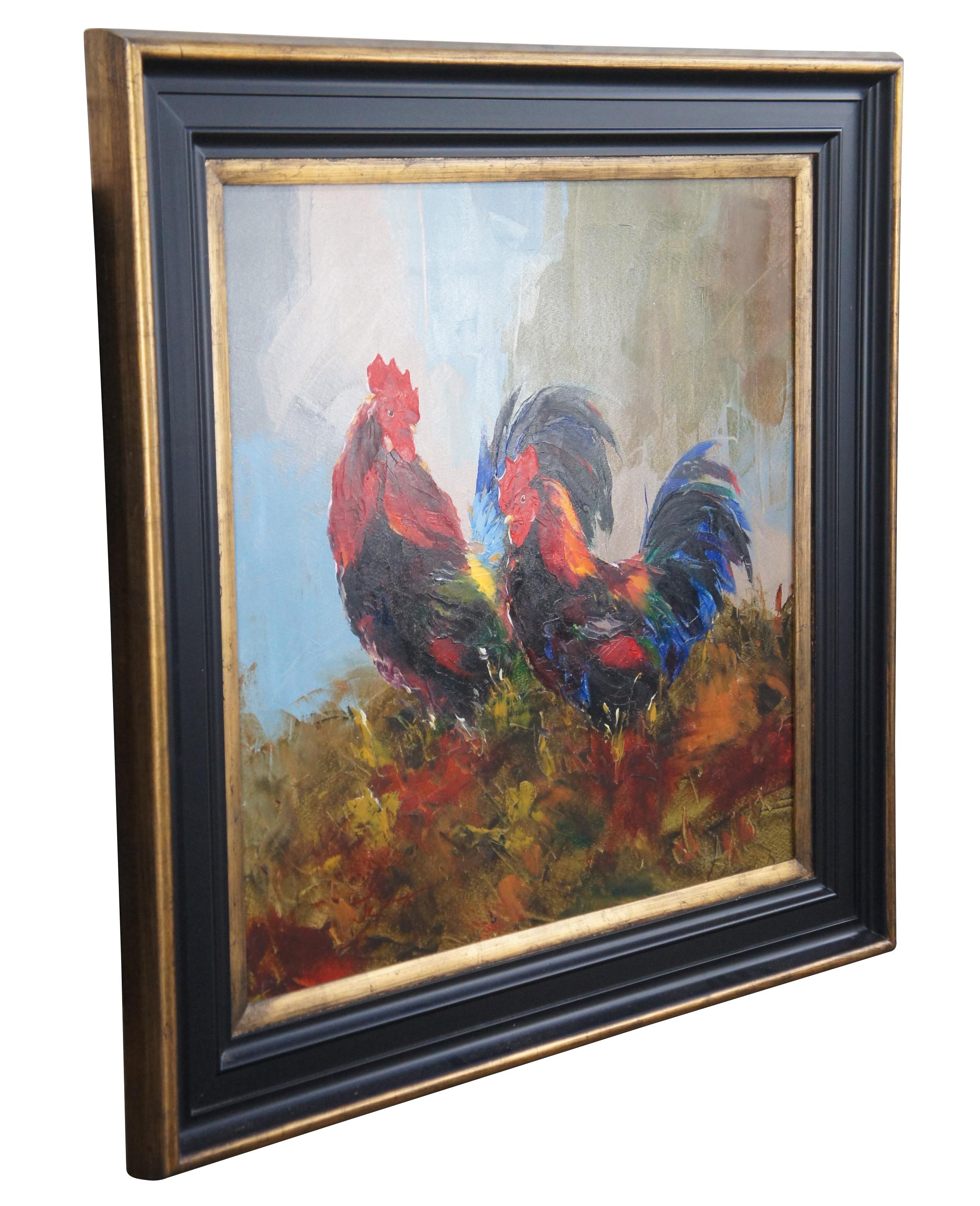 Vintage Impressionist country farmhouse oil painting featuring a pair of a Roosters / birds in a colorful spectrum of light. Signed lower left.

Dimensions: 
40