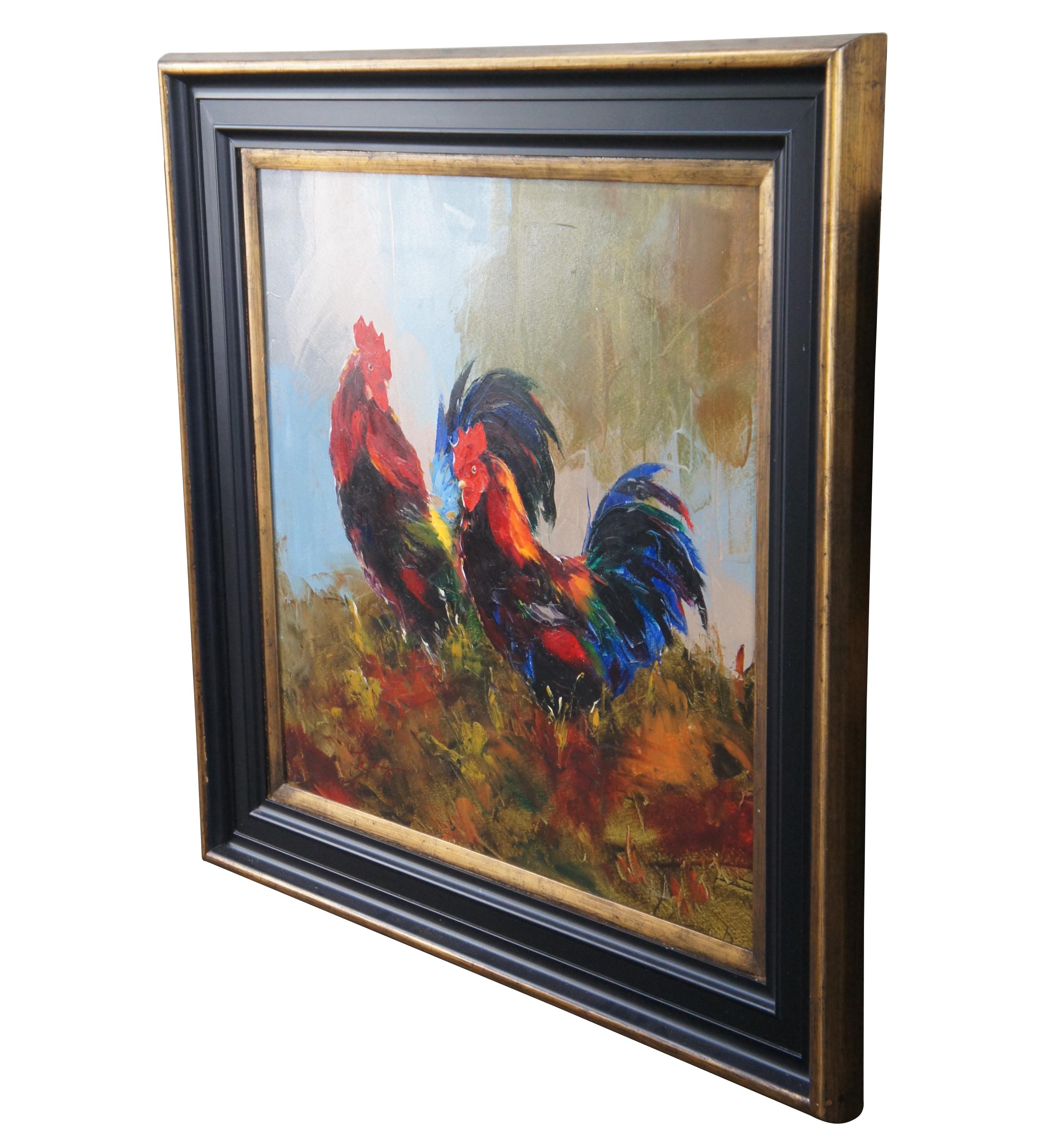 Impressionist Country Farmhouse Two Roosters Oil Painting on Canvas In Good Condition For Sale In Dayton, OH