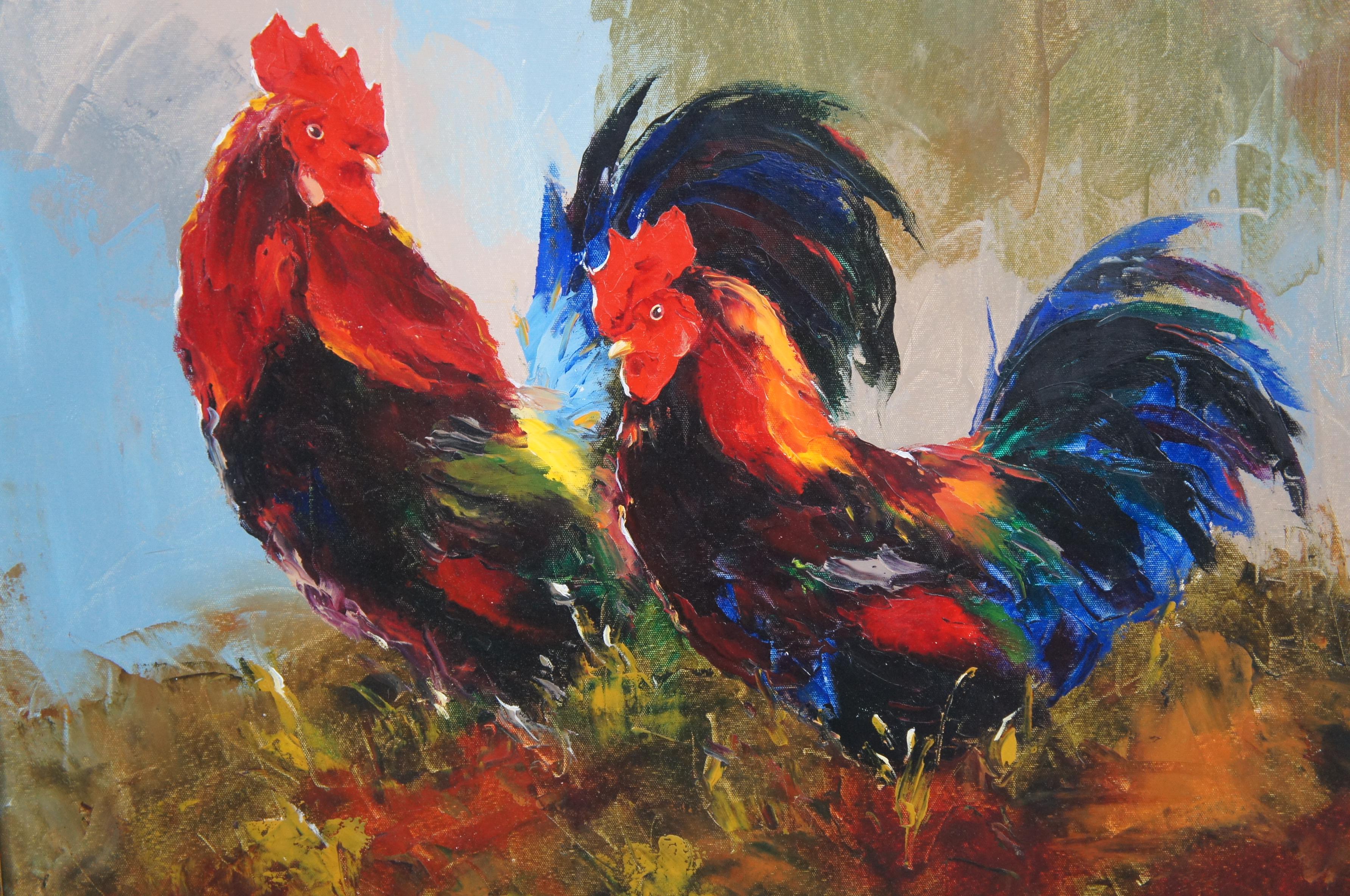 20th Century Impressionist Country Farmhouse Two Roosters Oil Painting on Canvas For Sale