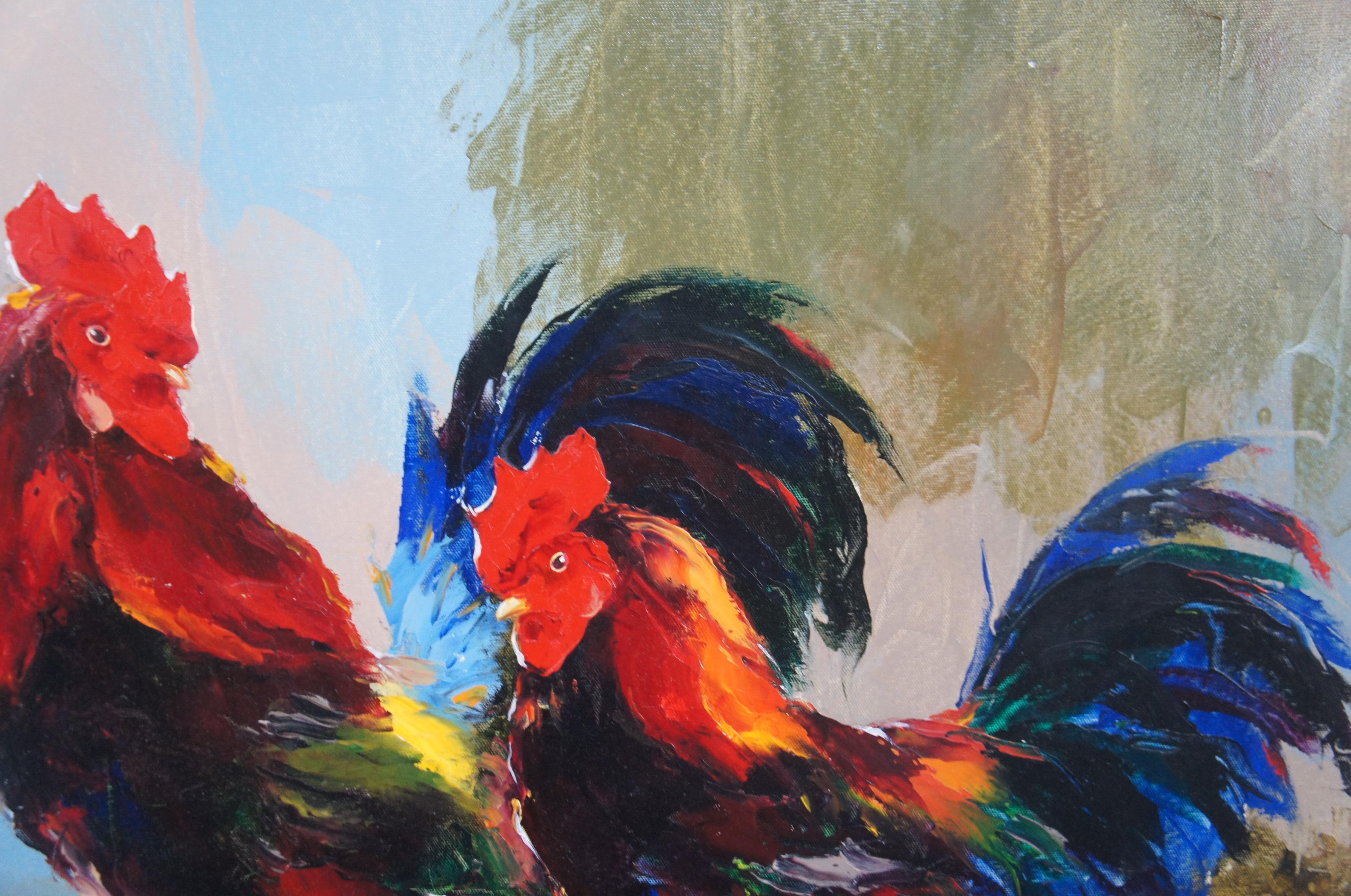Impressionist Country Farmhouse Two Roosters Oil Painting on Canvas For Sale 4