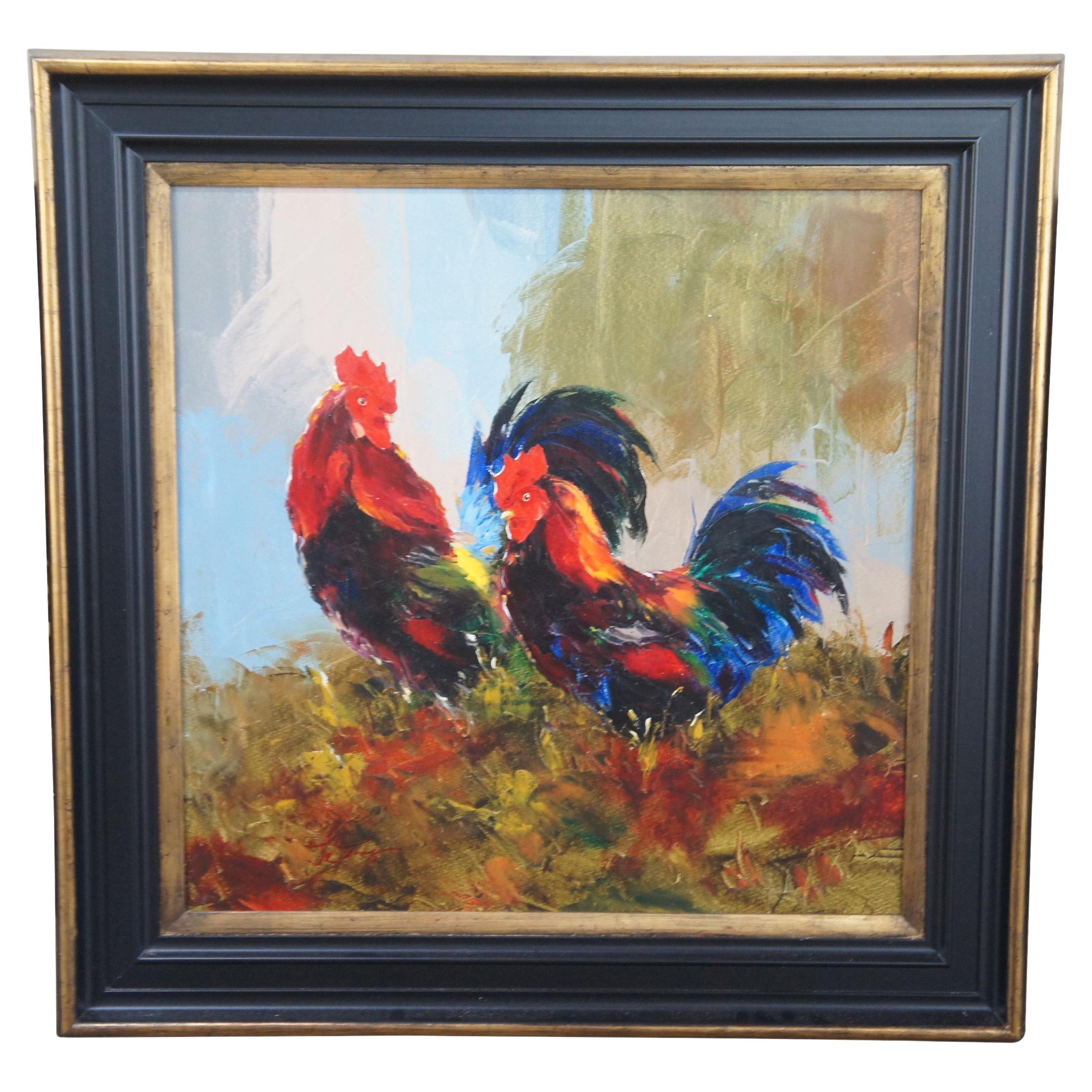 Impressionist Country Farmhouse Two Roosters Oil Painting on Canvas For Sale