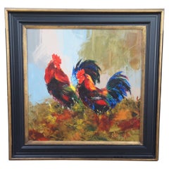 Vintage Impressionist Country Farmhouse Two Roosters Oil Painting on Canvas