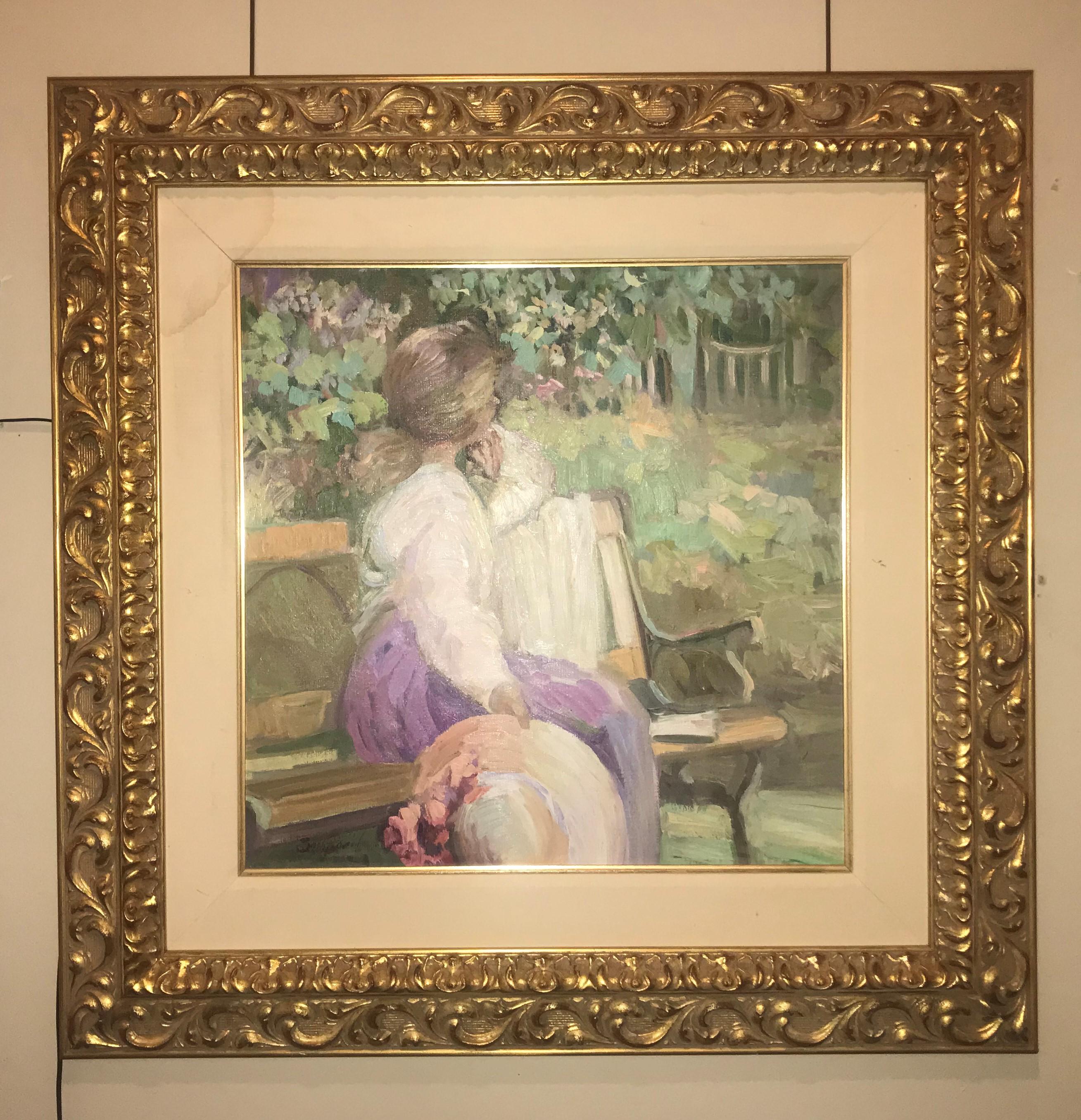 Impressionist decorative water color in a fine gilt frame. The finely matted and wonderfully framed watercolor depicts a young woman on a park bench looking into the distance. 

Measurements:
Framed: 37 H, 37 W, 3 D
Unframed: 23 H, 23.5 W.

 