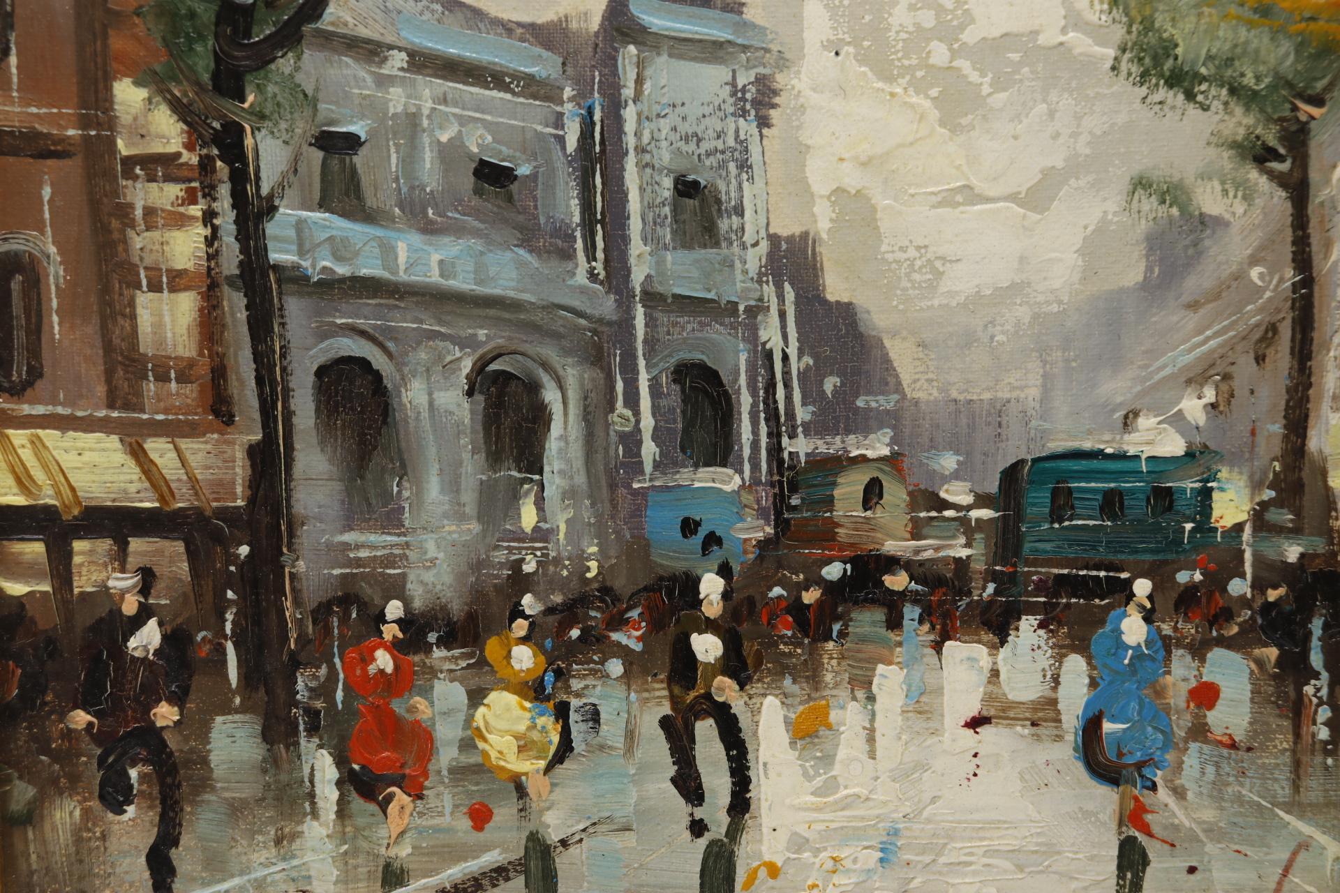 A set of two framed impressionist oil paintings on canvas. European street scenes are rich with impasto texture, with figures and buildings in bold color set against gray skies and wet floors. Signed in the lower right by the artist and set in a